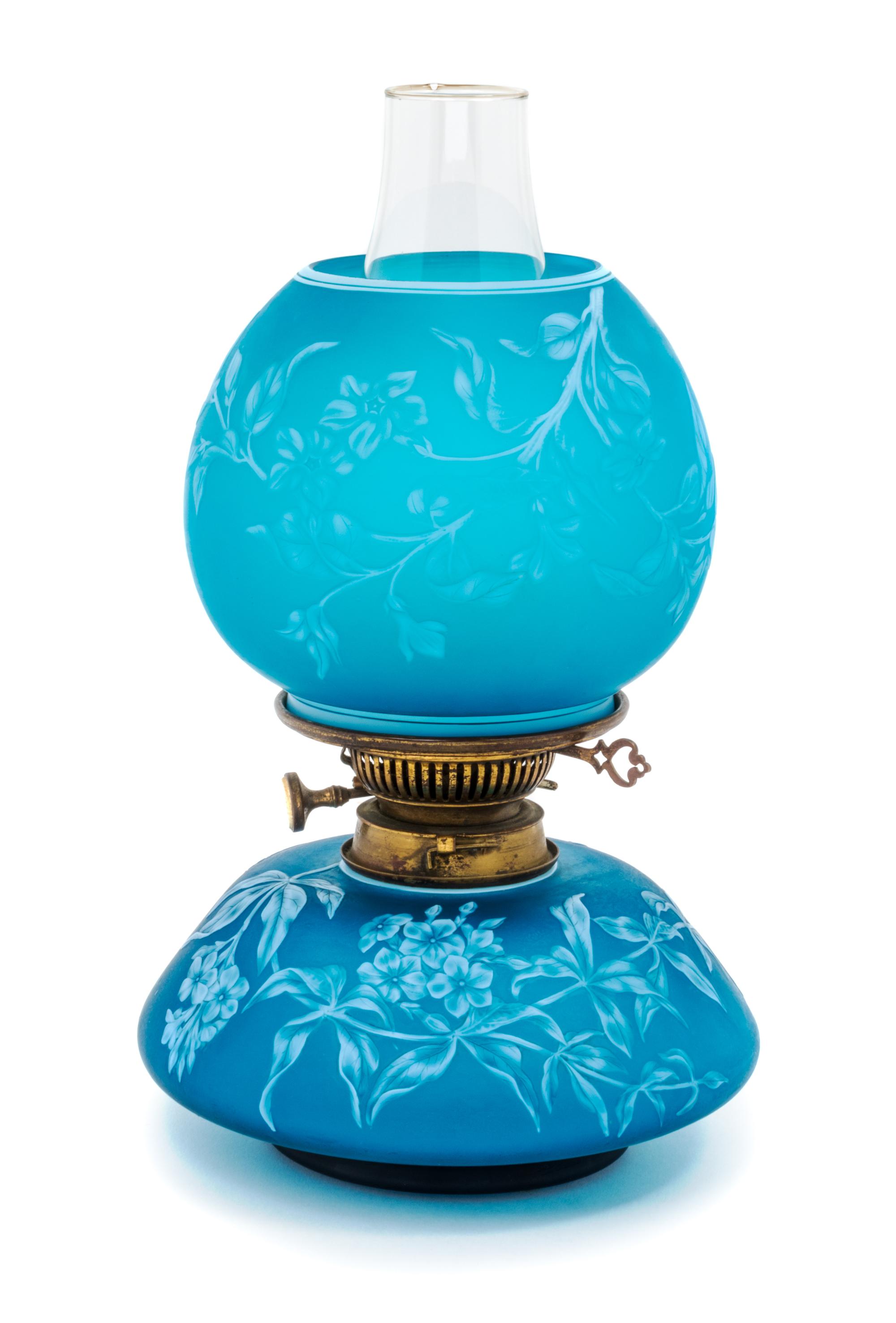 Thomas Webb & Sons, LATE 19TH CENTURY, a cameo glass oil lamp, the shade and base with conforming foliate and insect decoration