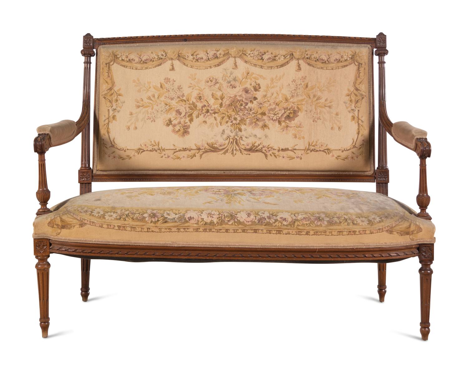 A Louis XVI Style Five-Piece Seating Suite with Tapestry Upholstery