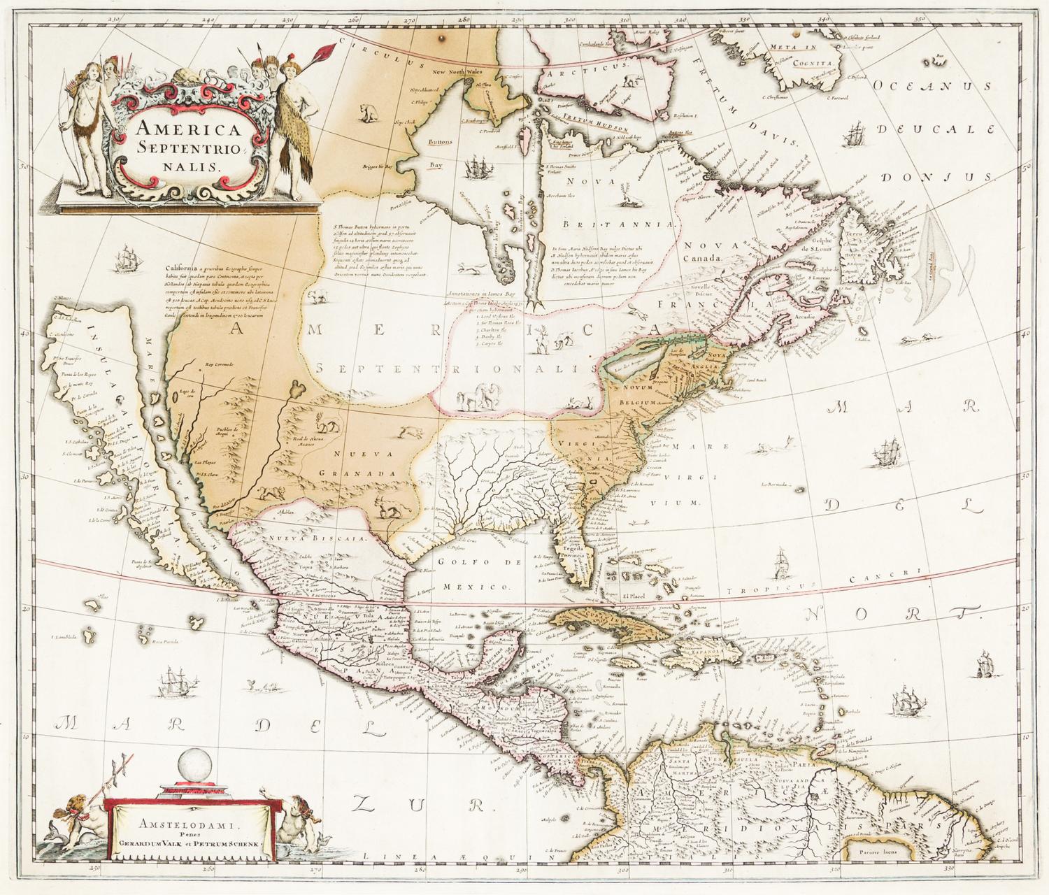 (MAP) HONDIUS, HENRICUS. America Septentrionalis. Amsterdam, [1641] Engraved map w/hand-coloring.