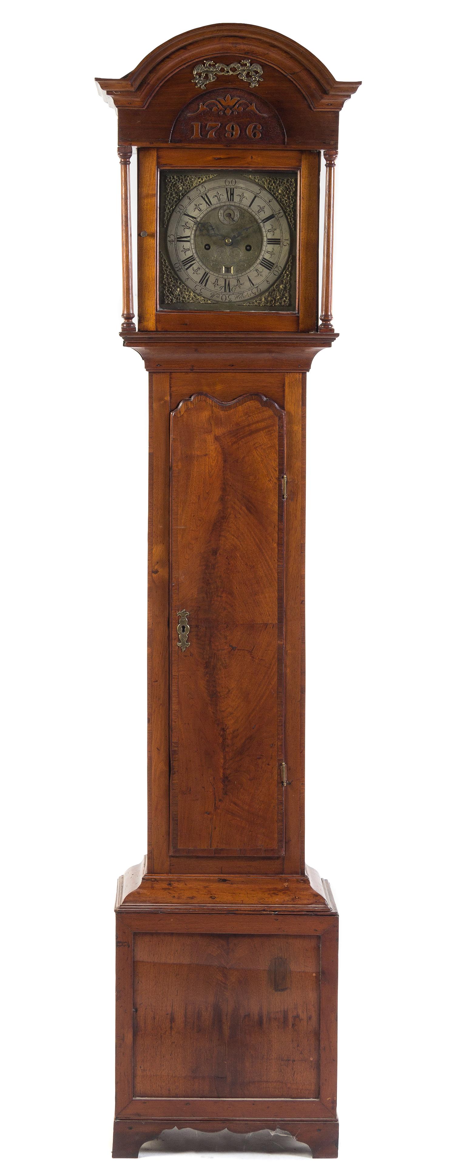 An American Mahogany Gilt Metal Mounted Tall Case Clock Height 89 1/4 inches. — DATED 1796, W. WEBSTER