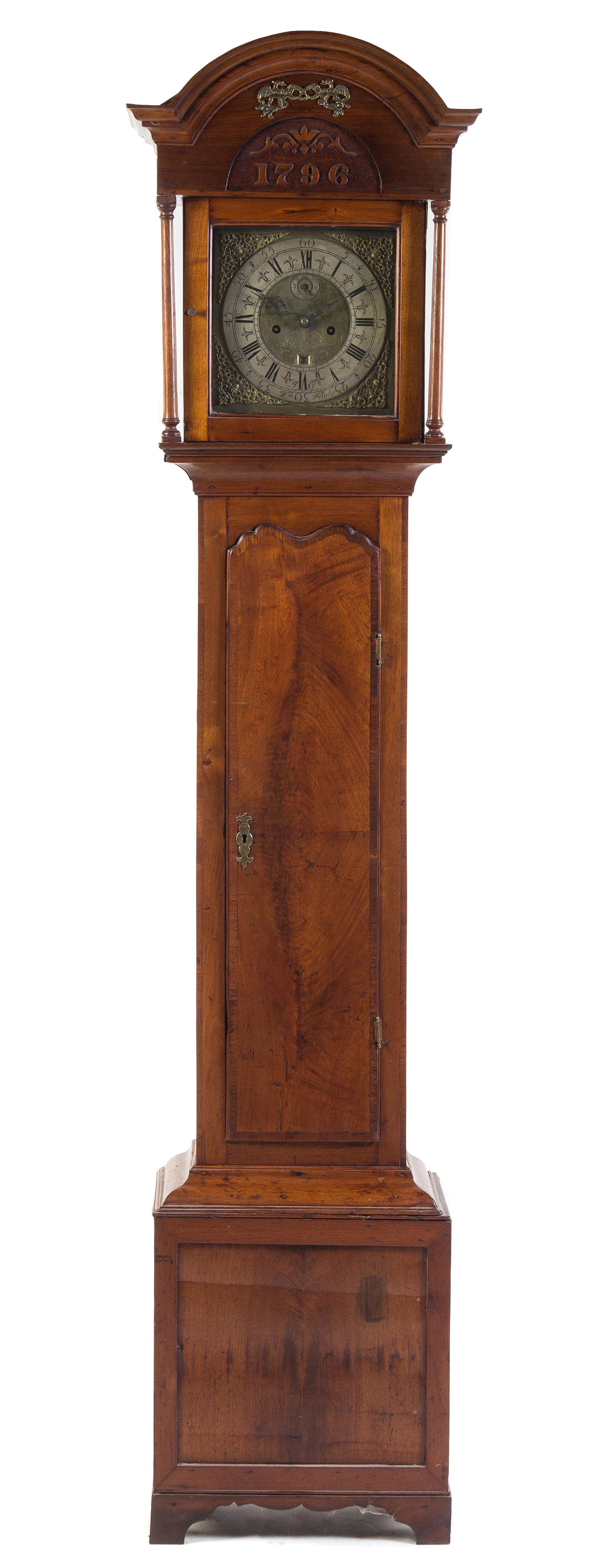 An American Mahogany Gilt Metal Mounted Tall Case Clock Height 89 1/4 inches. — DATED 1796, W. WEBSTER
