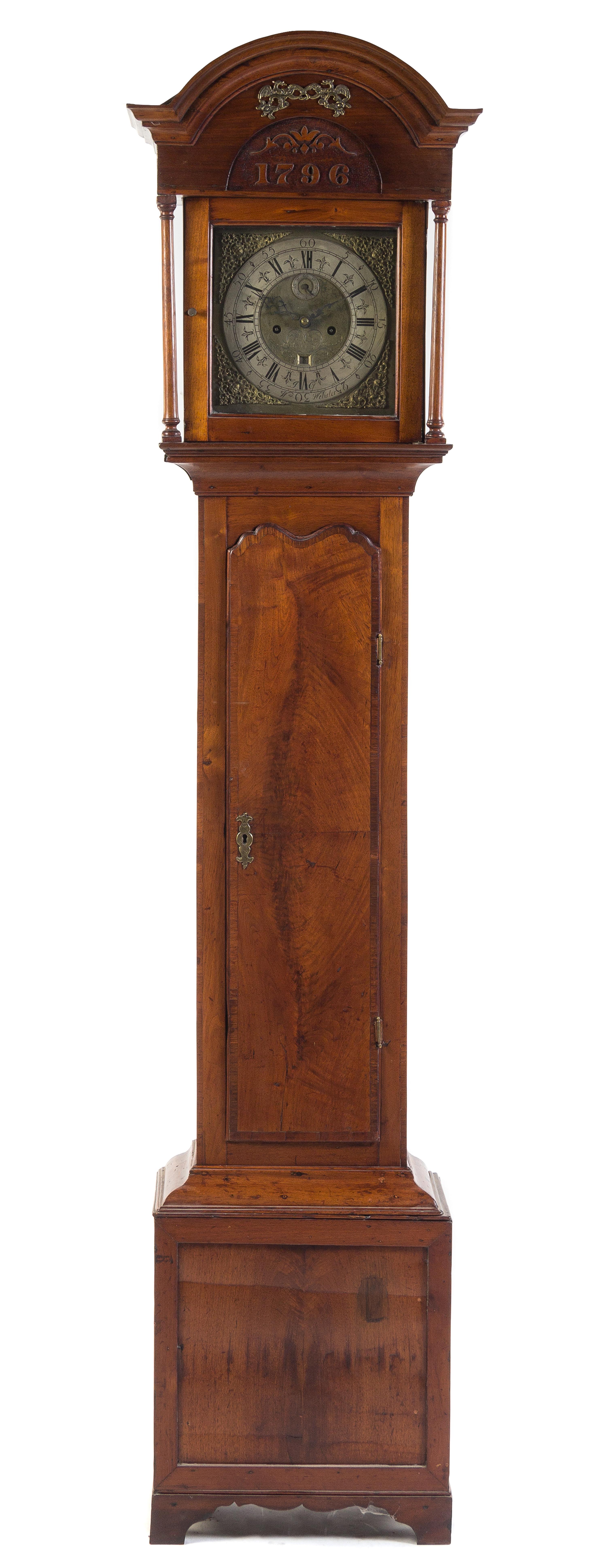 An American Mahogany Gilt Metal Mounted Tall Case Clock Height 89 1/4 inches. — DATED 1796, W. WEBSTER