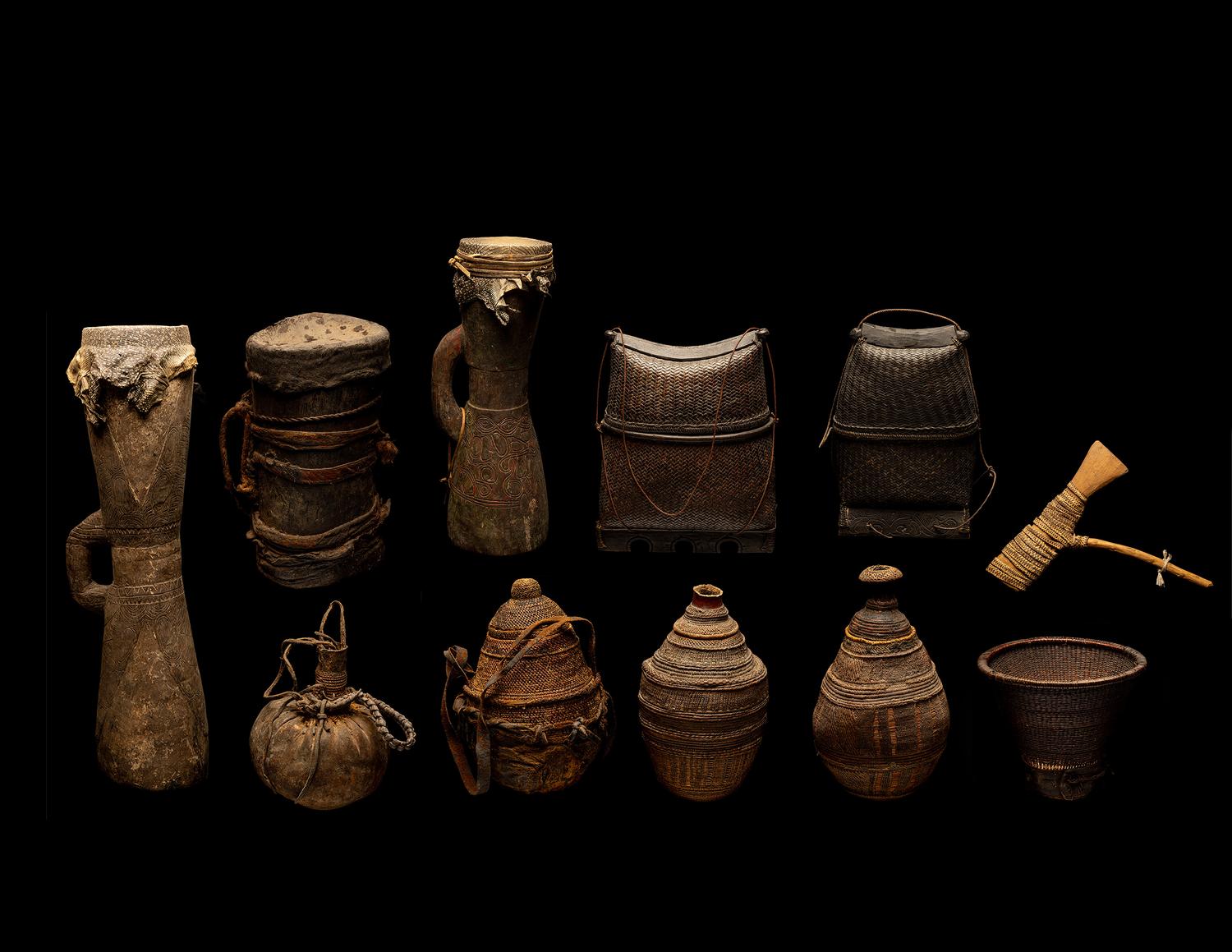 Eleven Oceanic and African Drums, Baskets, and Tools