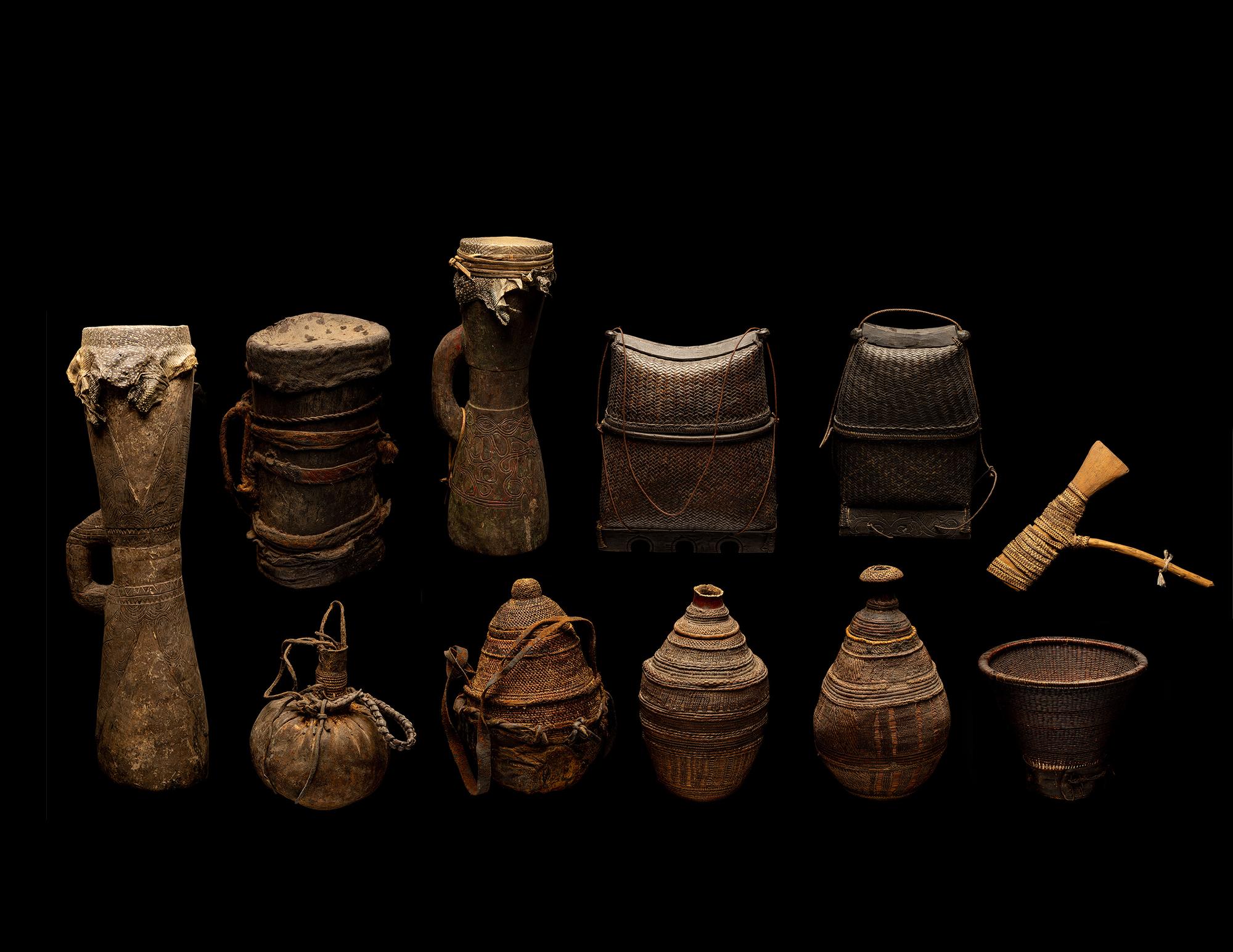 Eleven Oceanic and African Drums, Baskets, and Tools