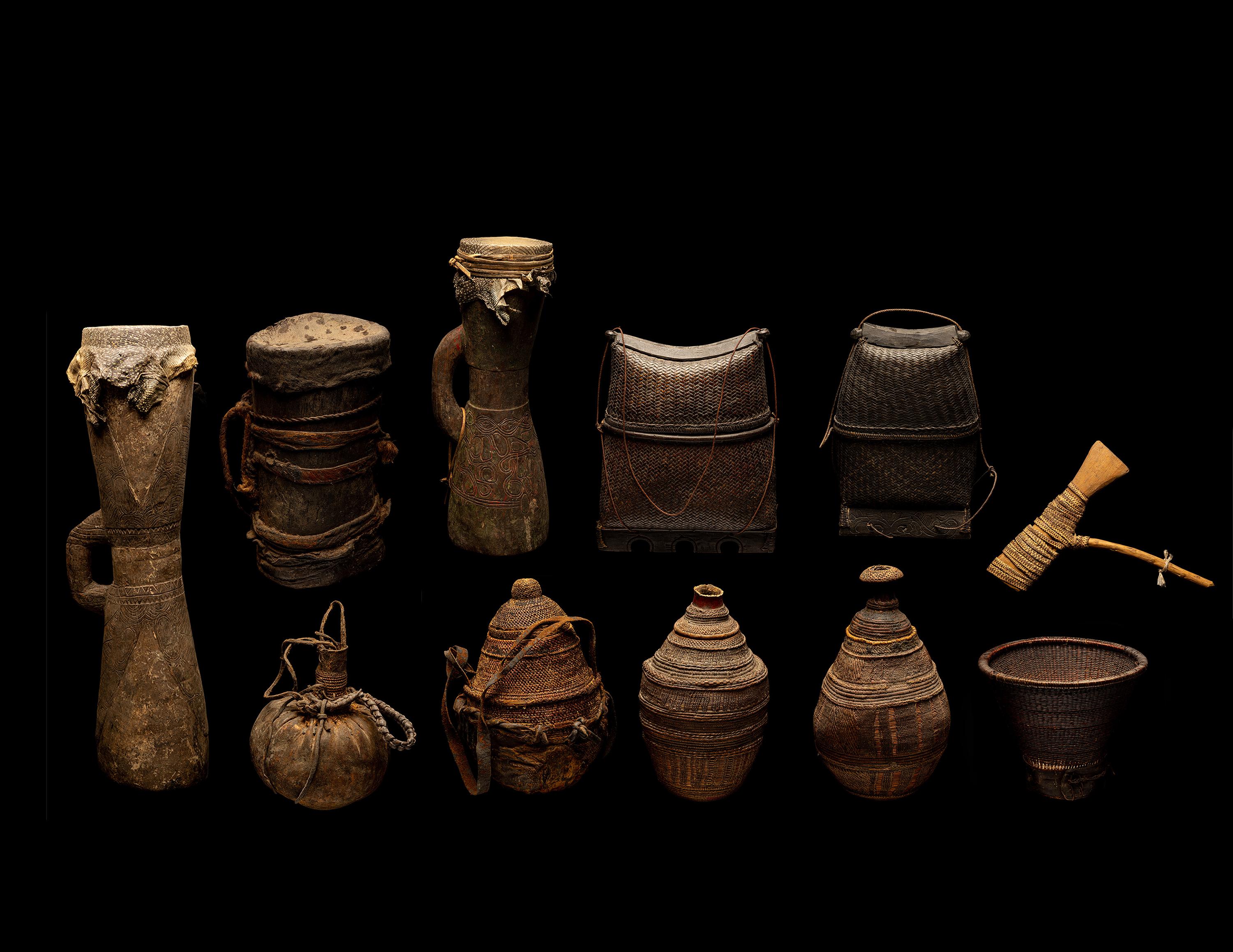 Eleven Oceanic and African Drums, Baskets, and Tools