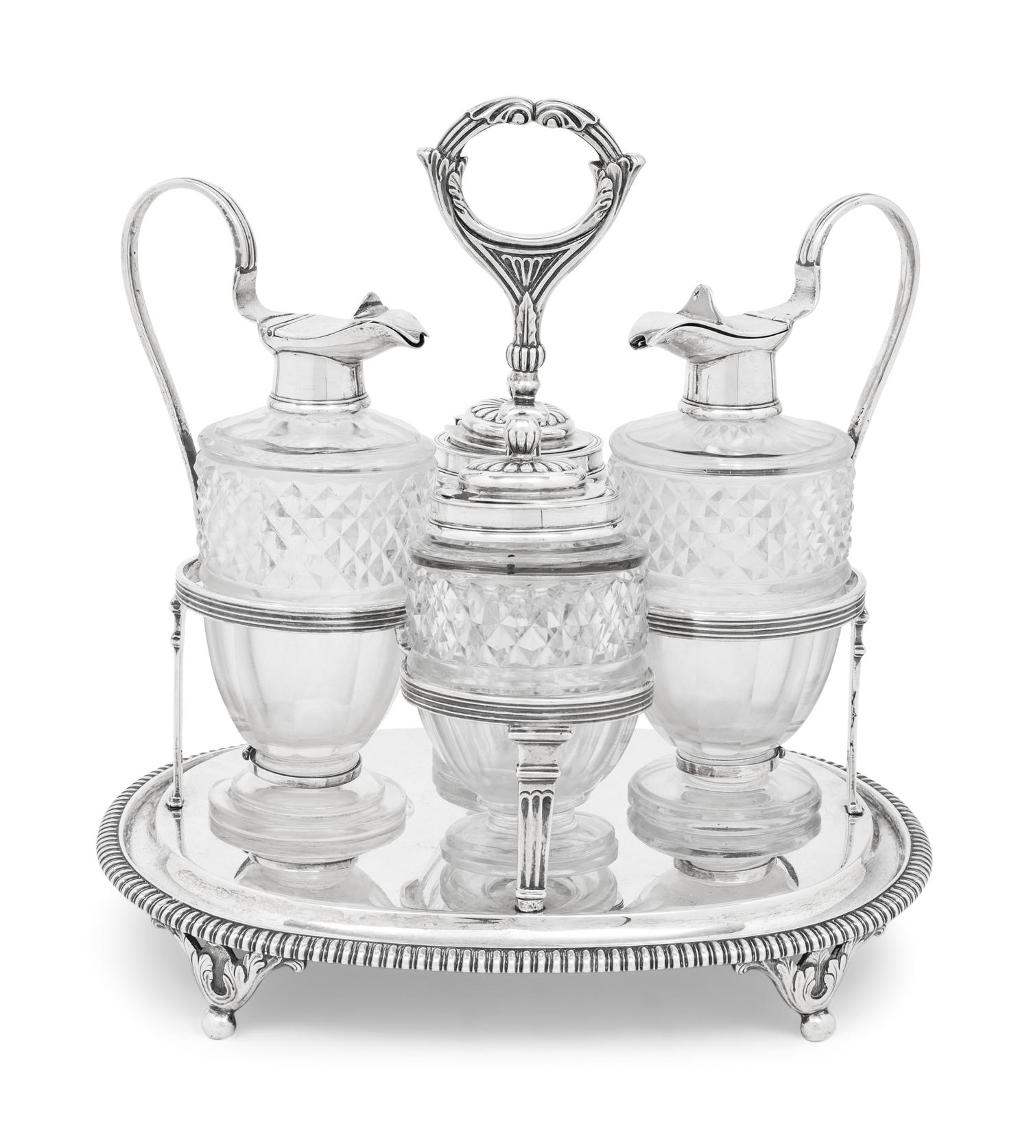 A George III Silver and Cut Glass Cruet Set