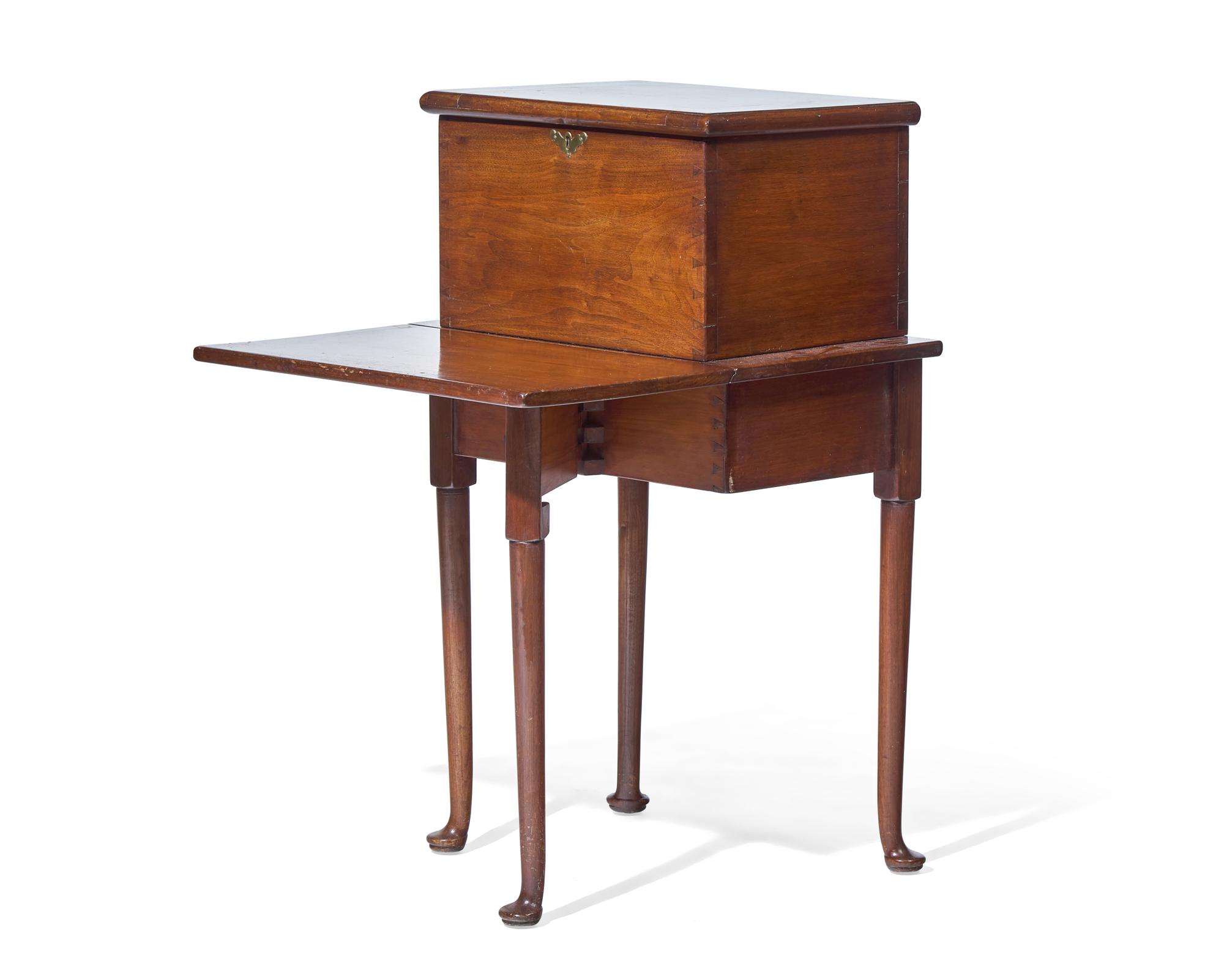 A Queen Anne Walnut Bottle Case on Stand with Drop Leaf