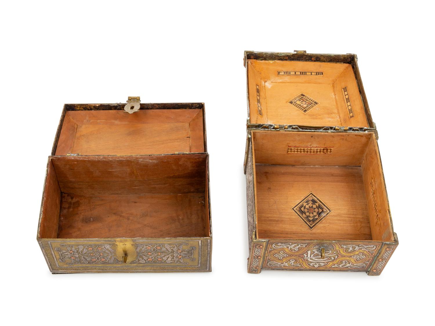 Two Silver Inlaid Brass Table Caskets