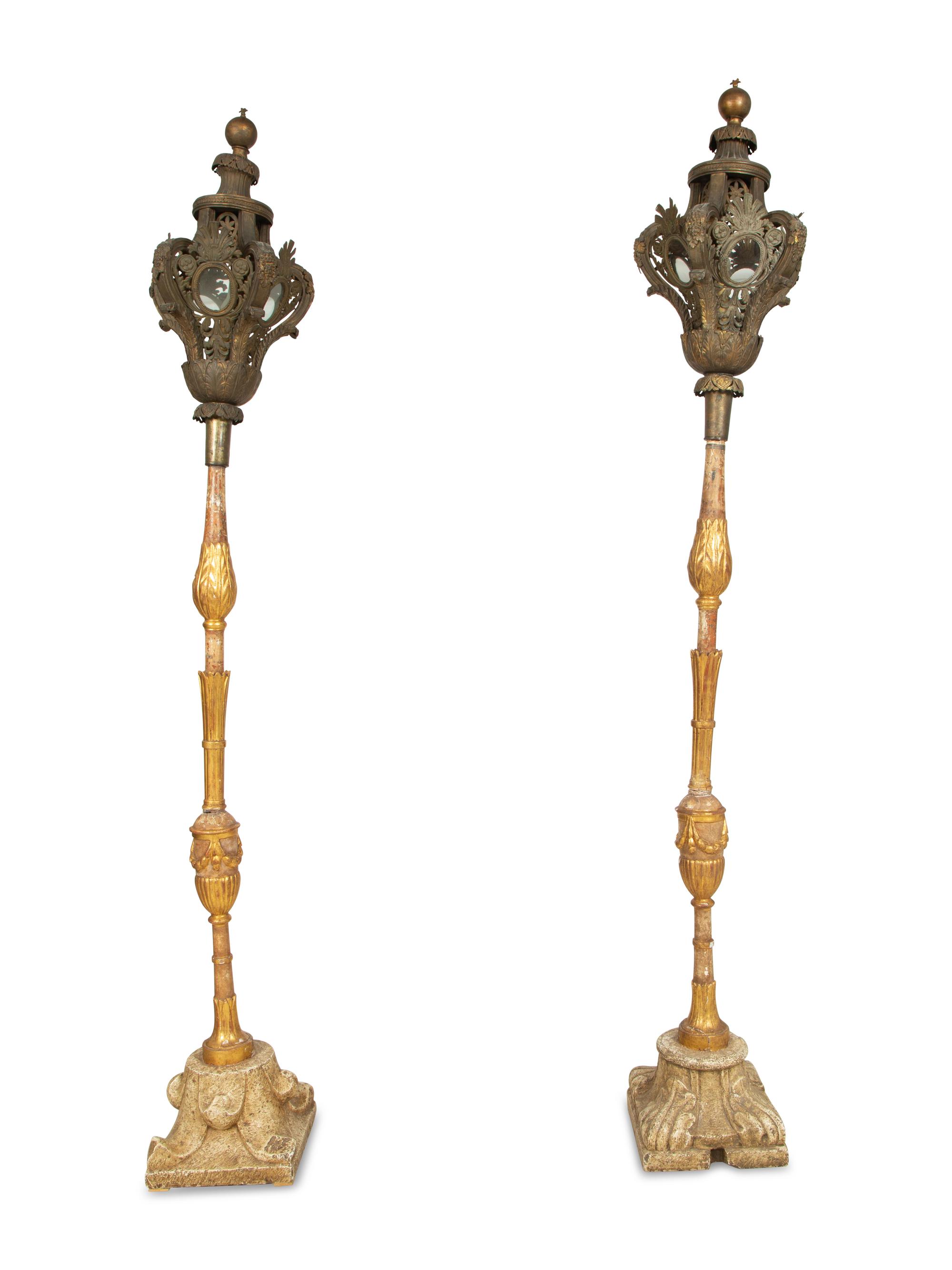 A Pair of Venetian Gilt Metal Hall Lanterns