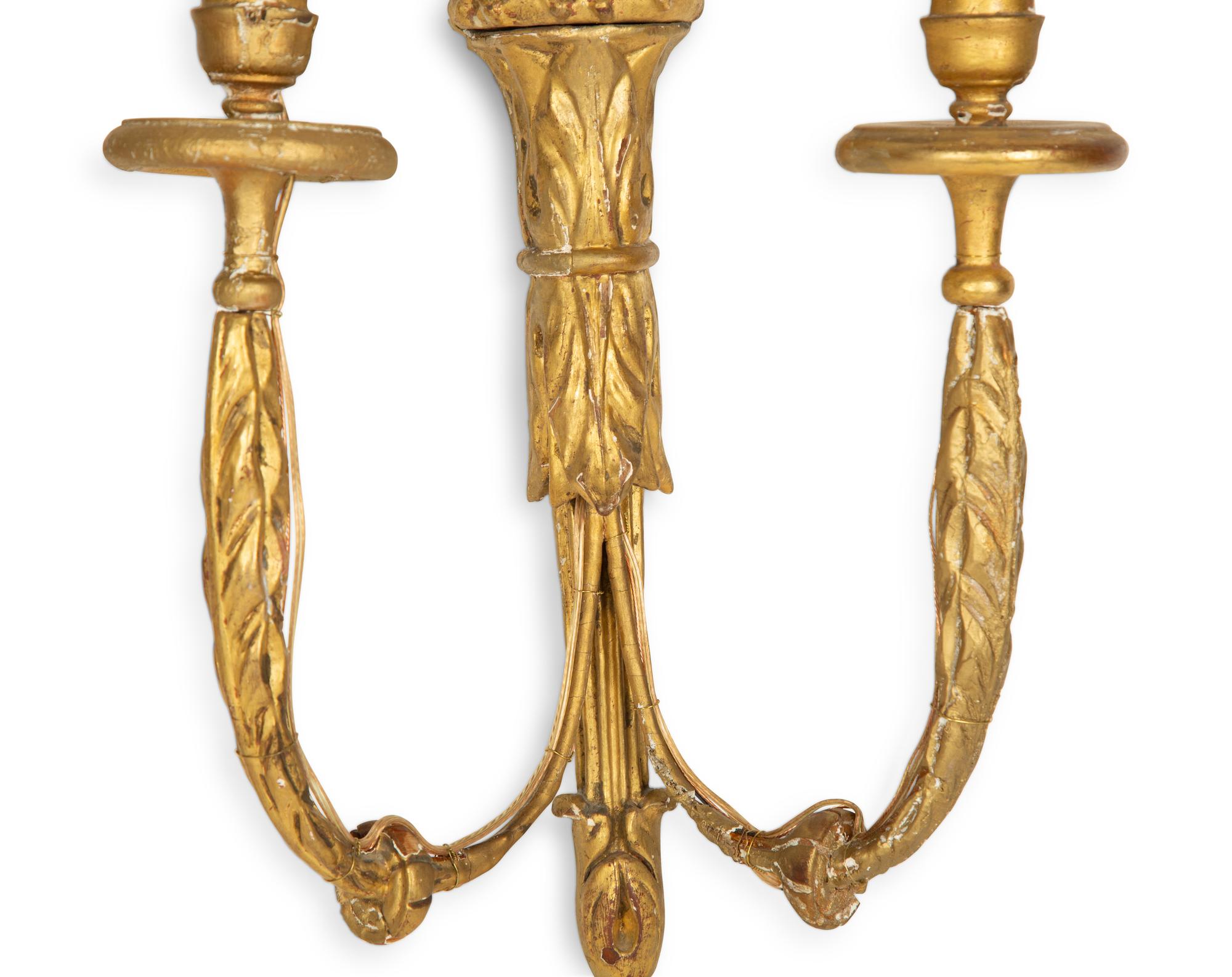 A Group of Six Regency Style Giltwood Two-Light Sconces