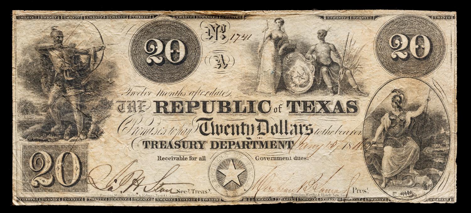 An 1840 Republic of Texas $20 Treasury Note