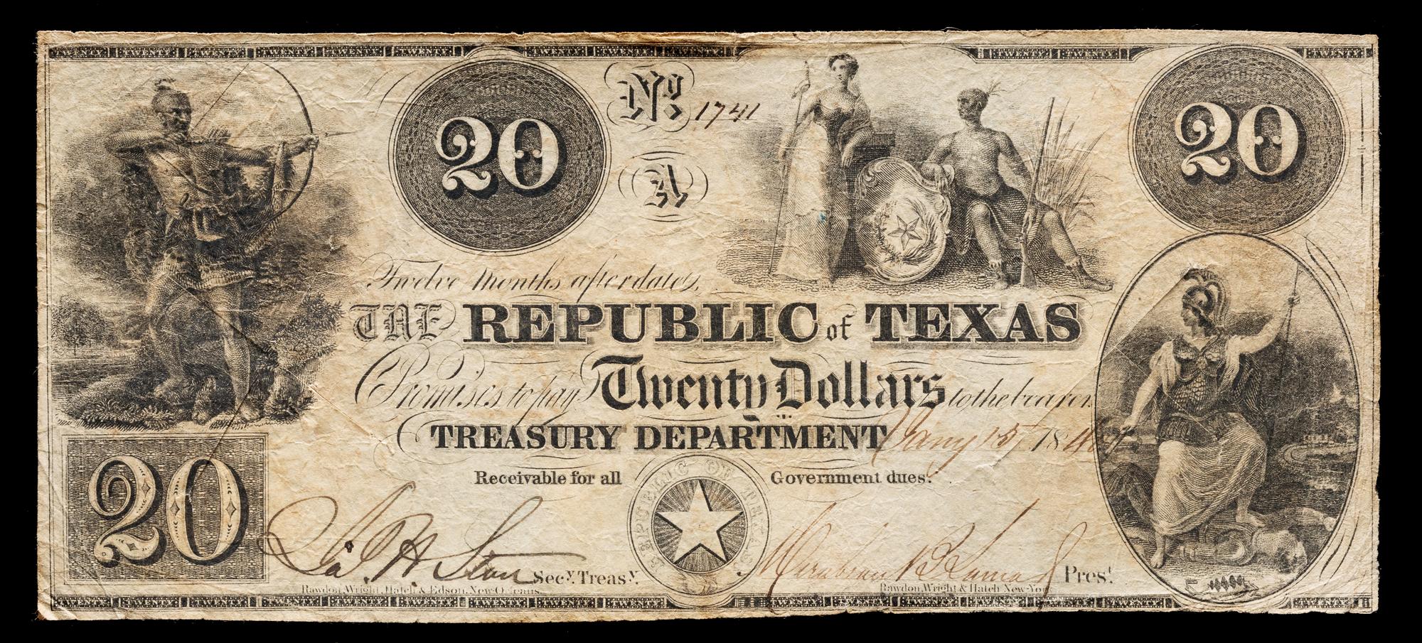 An 1840 Republic of Texas $20 Treasury Note