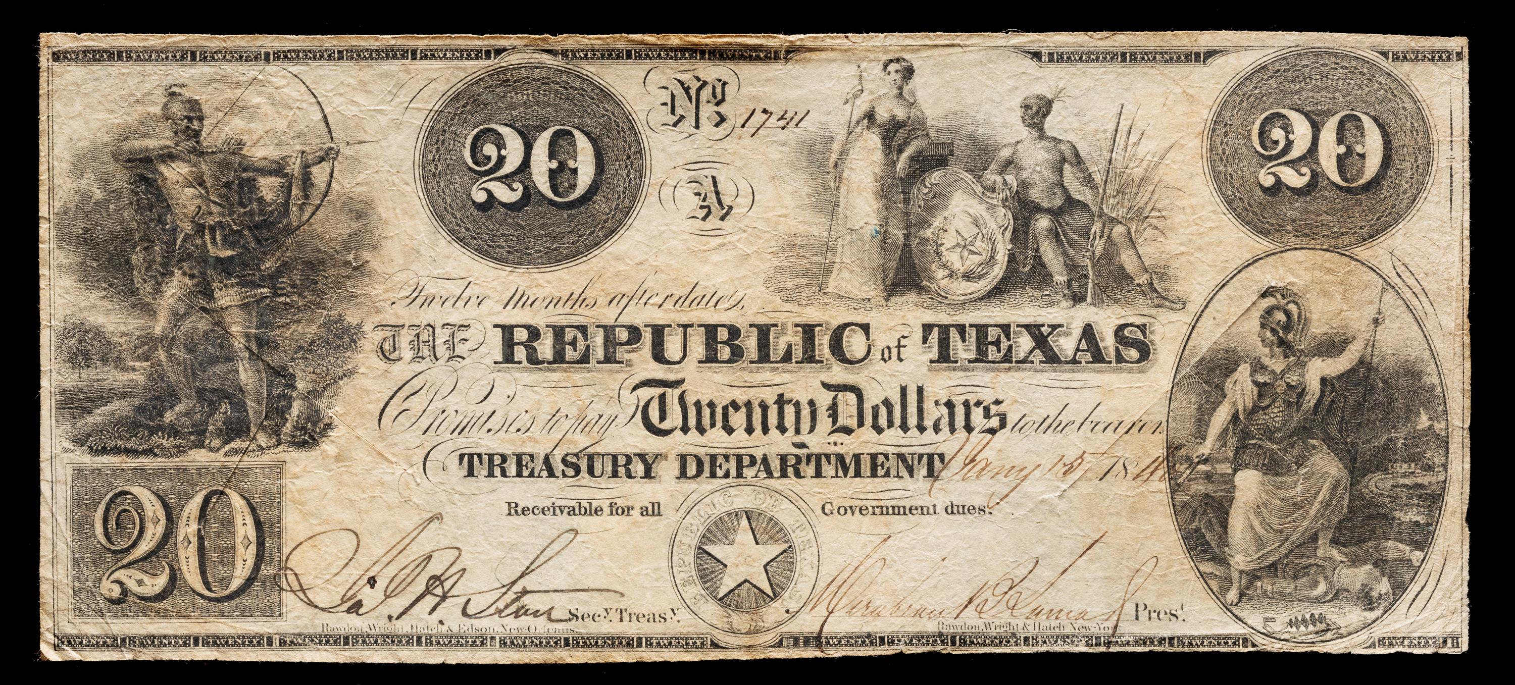 An 1840 Republic of Texas $20 Treasury Note