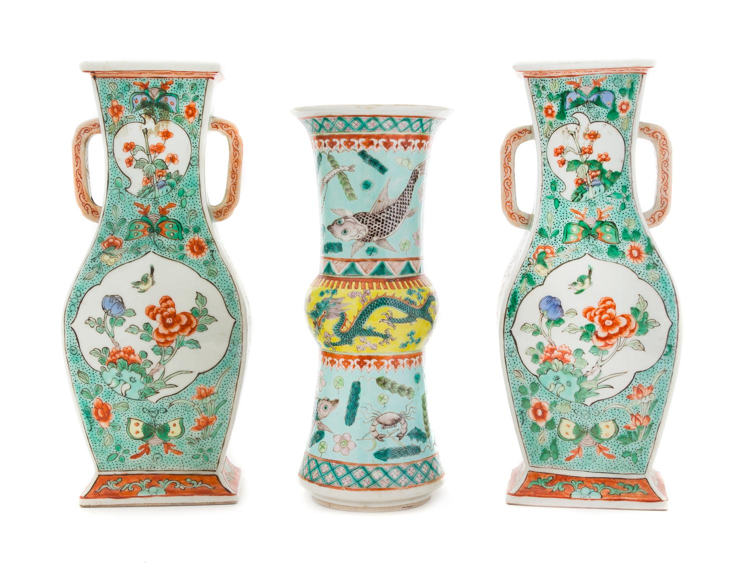 Three Chinese Famille Verte Porcelain Vases Height of tallest 11 3/4 inches. — 19TH CENTURY