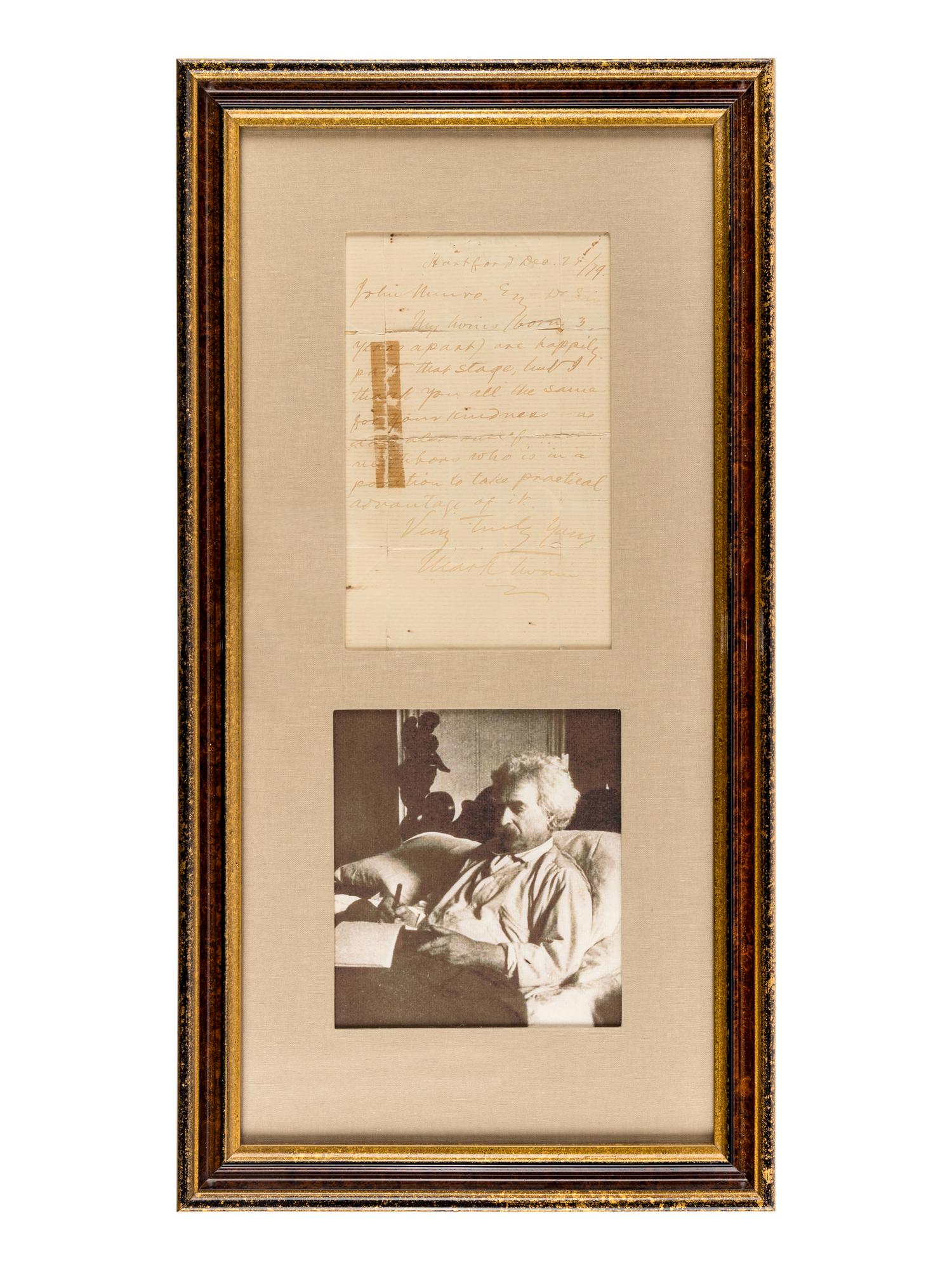 CLEMENS, Samuel ("Mark Twain") (1835-1910). Autograph note signed ("Mark Twain") to John Munro. Hartford, 25 December 1879.