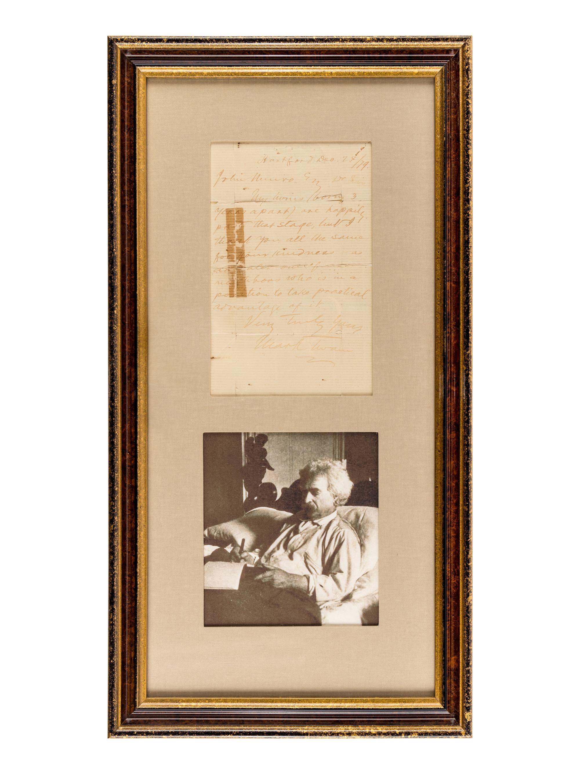 CLEMENS, Samuel ("Mark Twain") (1835-1910). Autograph note signed ("Mark Twain") to John Munro. Hartford, 25 December 1879.