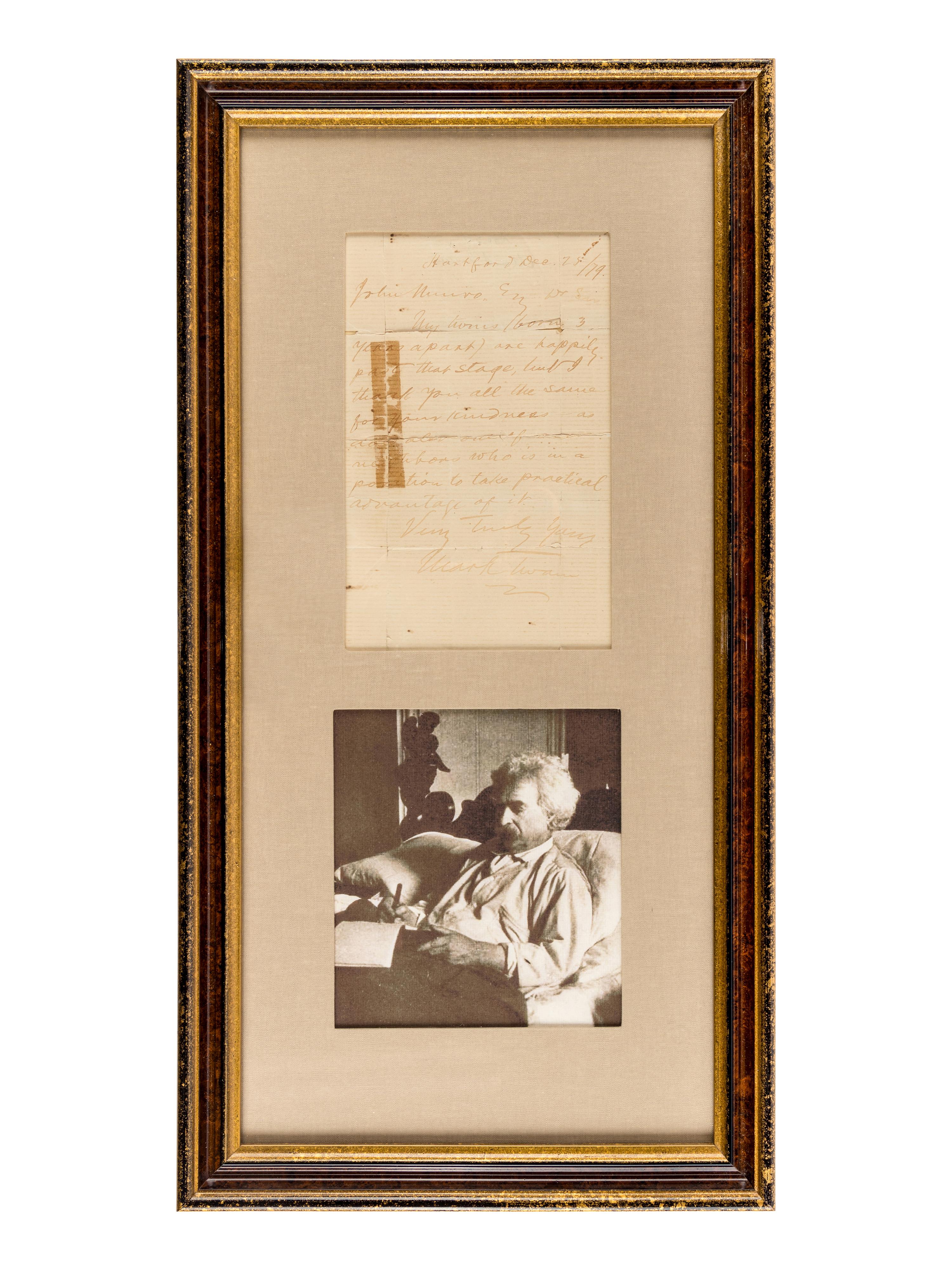 CLEMENS, Samuel ("Mark Twain") (1835-1910). Autograph note signed ("Mark Twain") to John Munro. Hartford, 25 December 1879.
