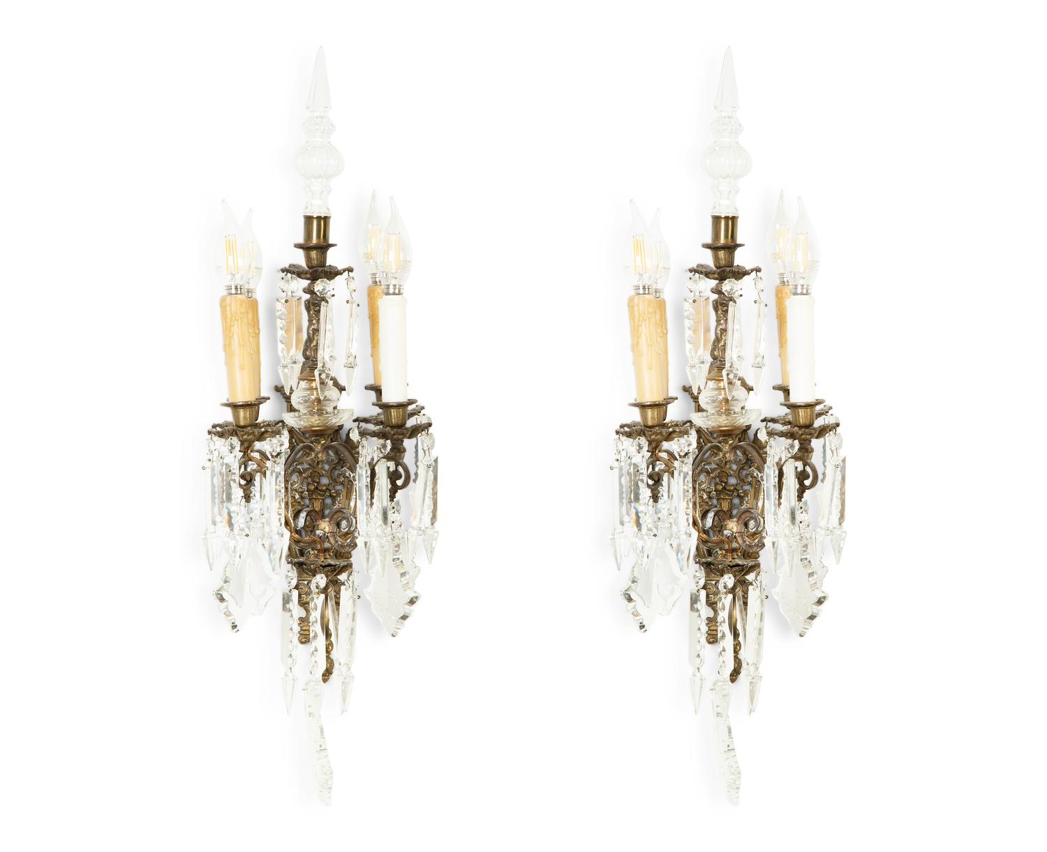 A Pair of Continental Cast Metal and Cut Glass Four-Light Scones