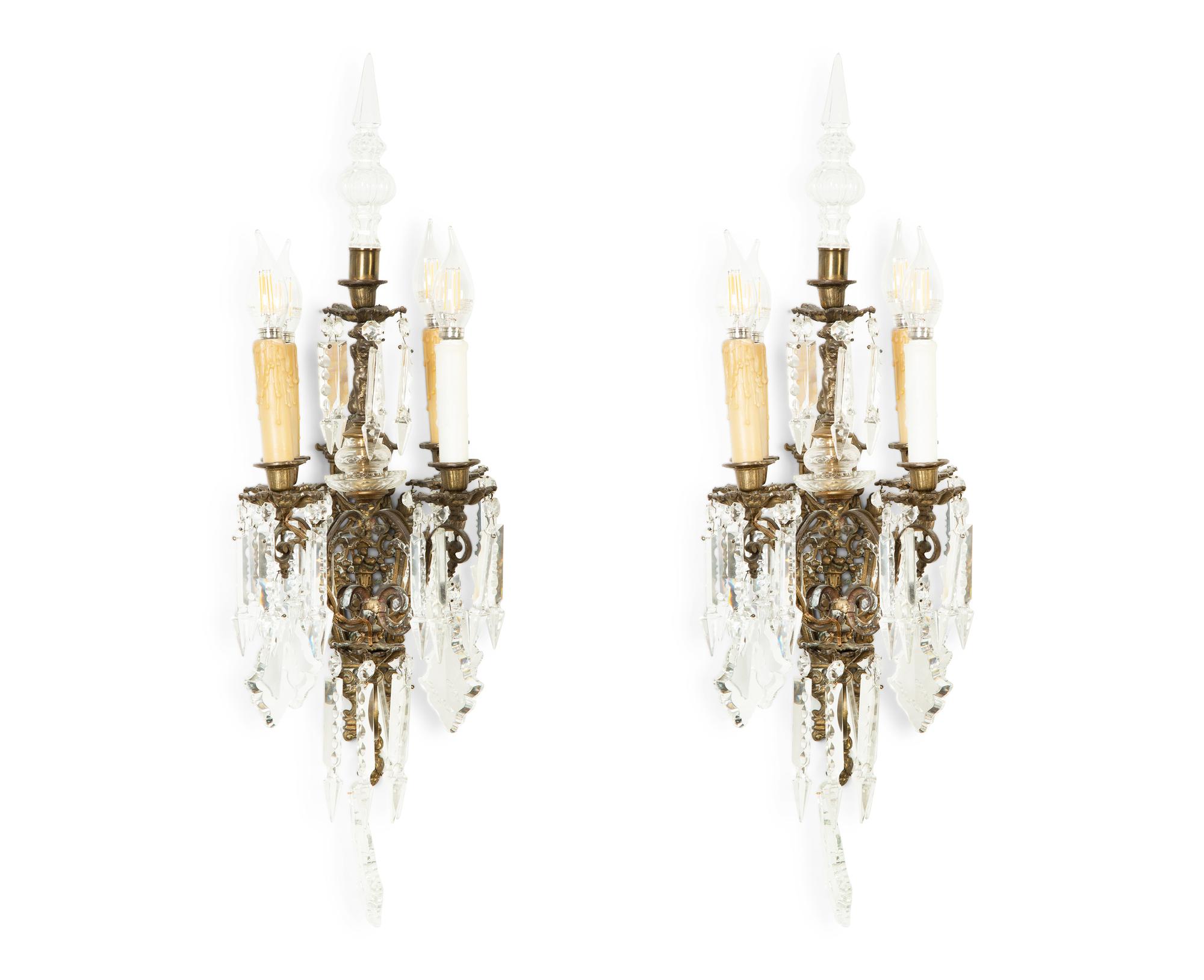 A Pair of Continental Cast Metal and Cut Glass Four-Light Scones