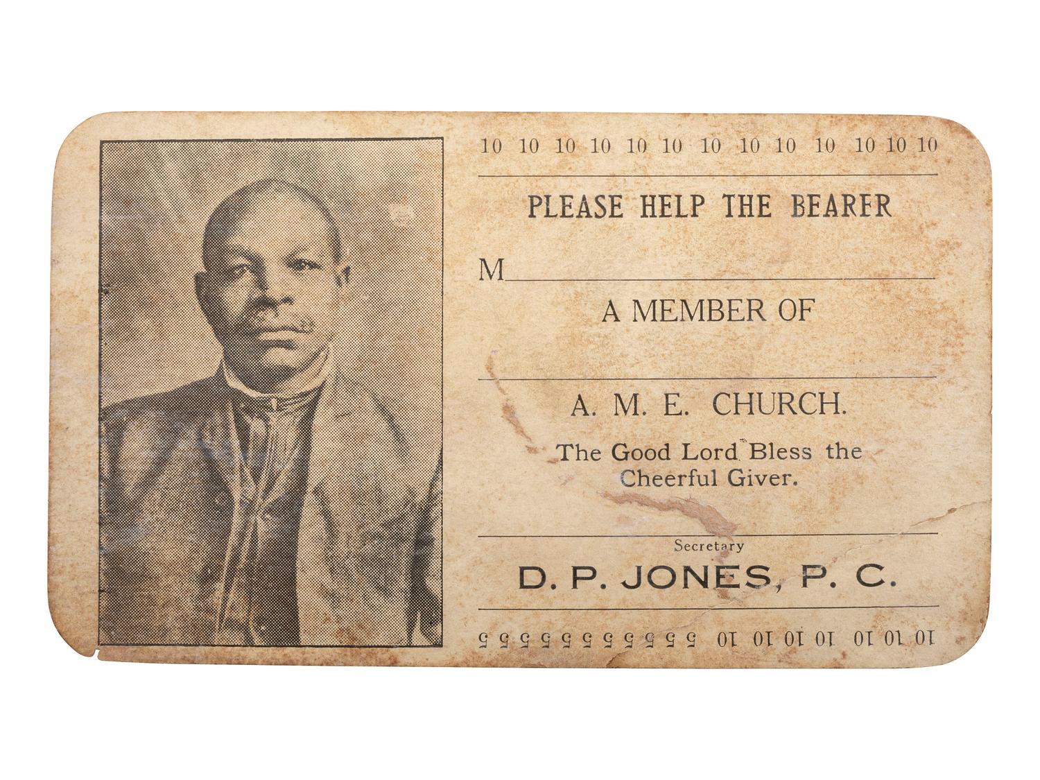 [RELIGION]. A group of 7 items involving African American churches and pastors, incl. AME Church membership card, Order of the Black Rose membership card, photographs, and imprints.