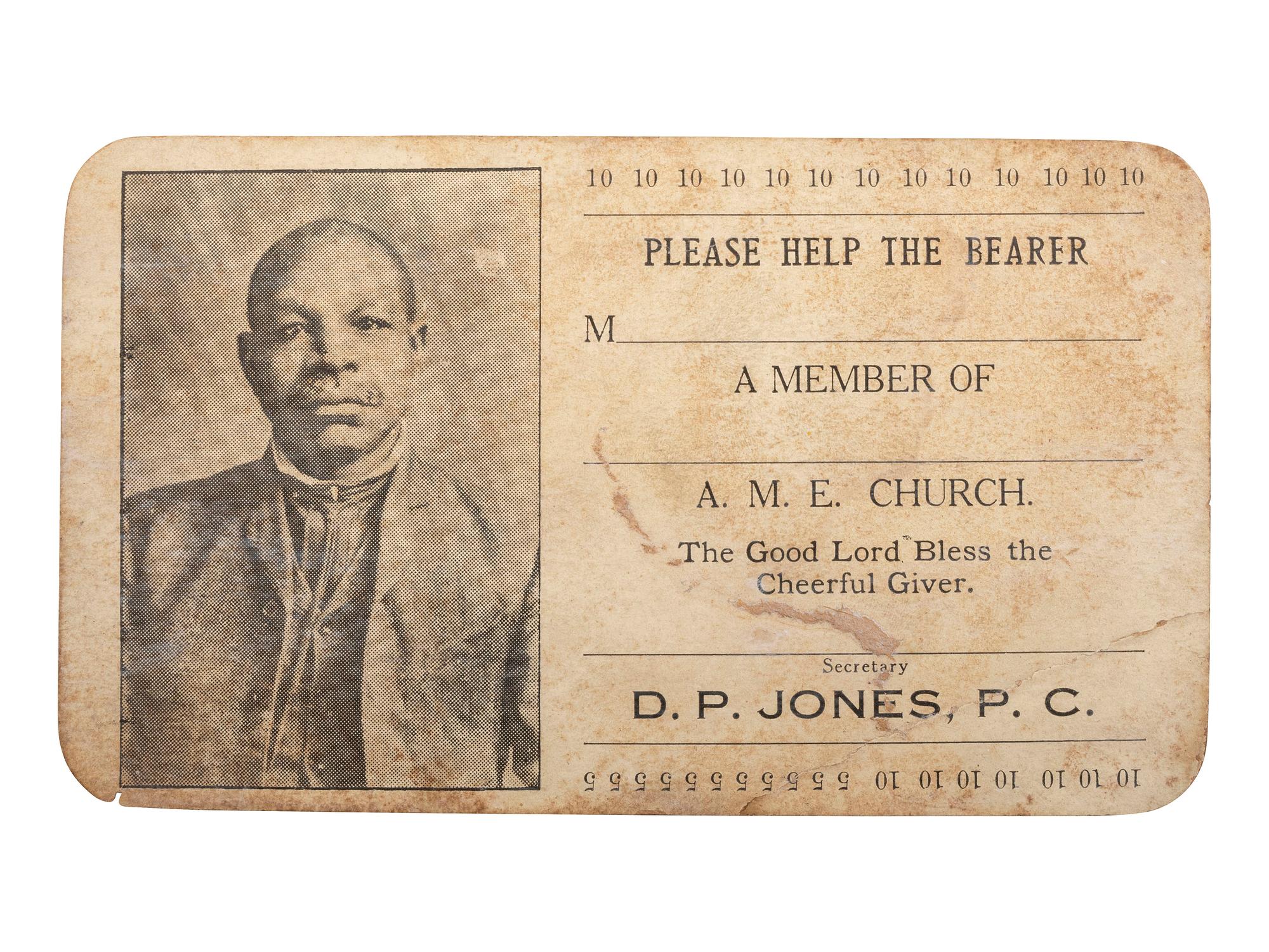 [RELIGION]. A group of 7 items involving African American churches and pastors, incl. AME Church membership card, Order of the Black Rose membership card, photographs, and imprints.