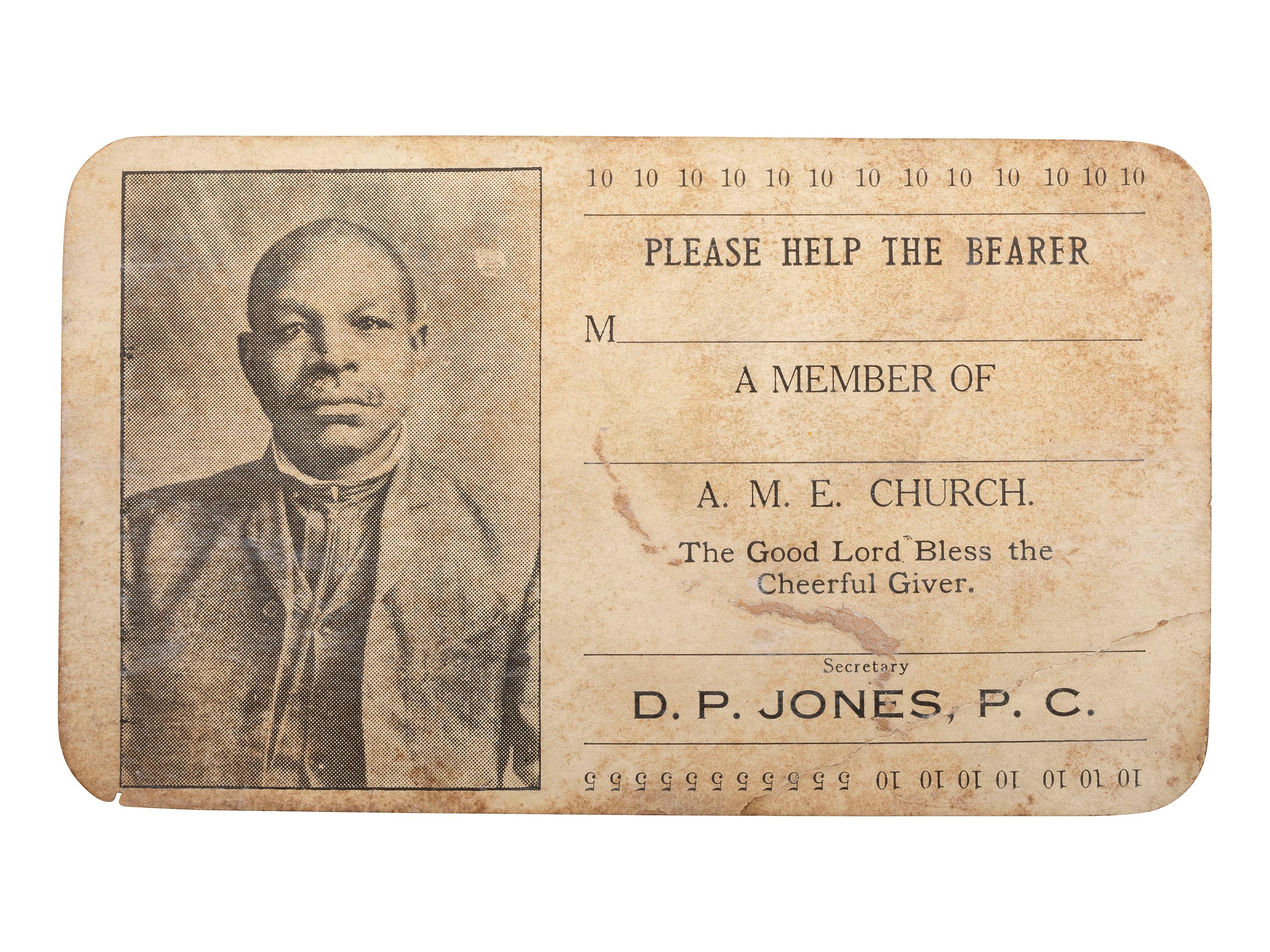 [RELIGION]. A group of 7 items involving African American churches and pastors, incl. AME Church membership card, Order of the Black Rose membership card, photographs, and imprints.