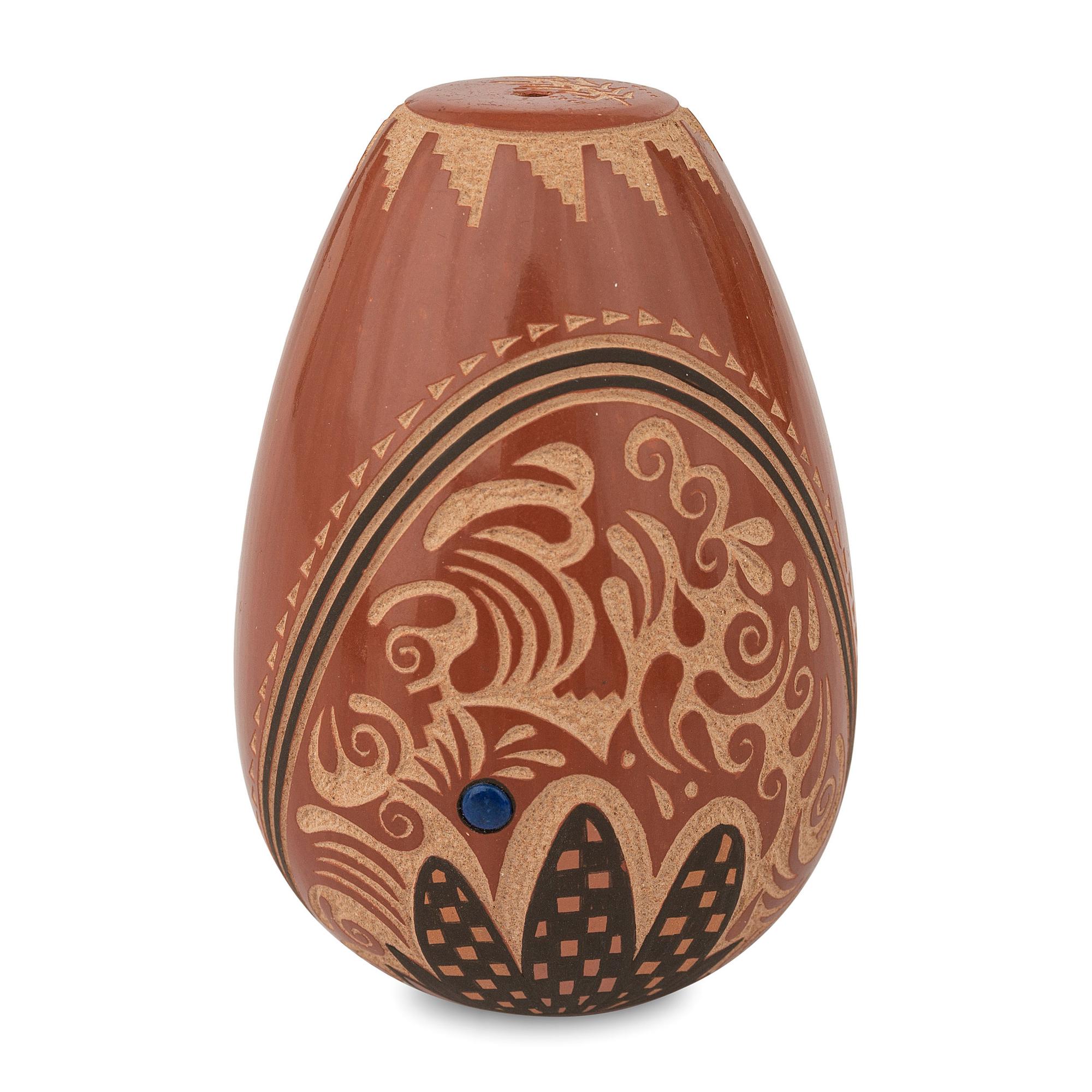 Red and Black Sgraffito Pottery Seed Jar, with Lapis Bead