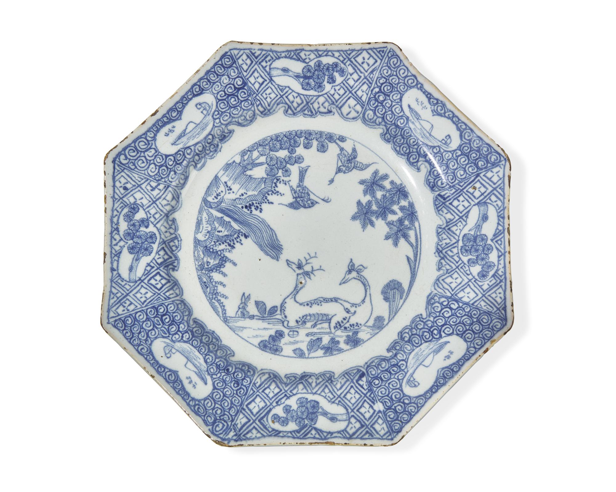 An English Delft octagonal blue and white "Chinoiserie" plate, circa 1750
