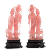 A Pair of Chinese Carved Rose Quartz Lady Figures