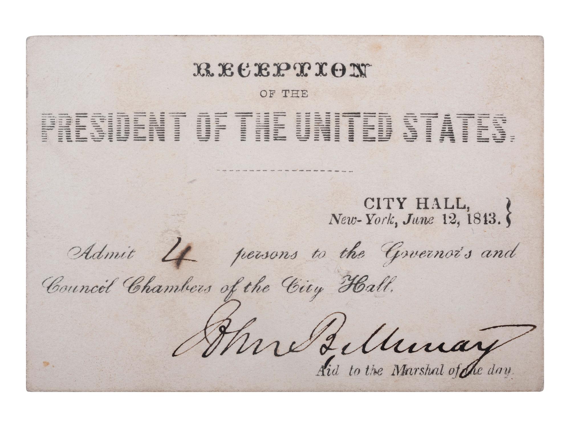 [MADISON, James (1751-1836)]. Reception of the President of the United States. New York, 12 June 1813.