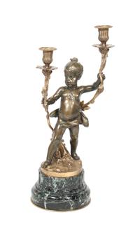 A French Gilt Bronze and Marble Two-Light Figural Candelabra Height overall 20 3/4 inches. — 19TH CENTURY