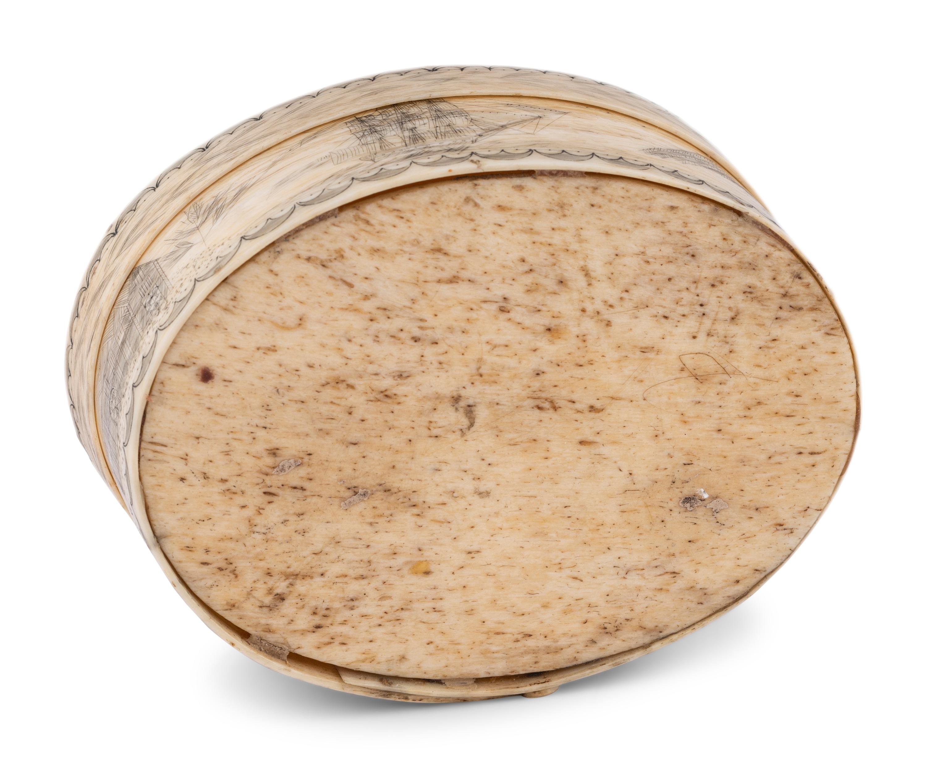 An Unusual Scrimshaw Panbone Oval Ditty Box With Engraved Surfaces and Panbone Bottom