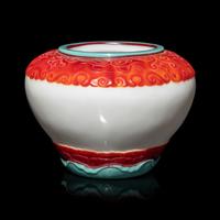 A Chinese Turquoise and Ruby Overlay White Glass Water Pot, Qianlong Mark and Period 清乾隆 白地套彩料饕餮蓮紋水盂