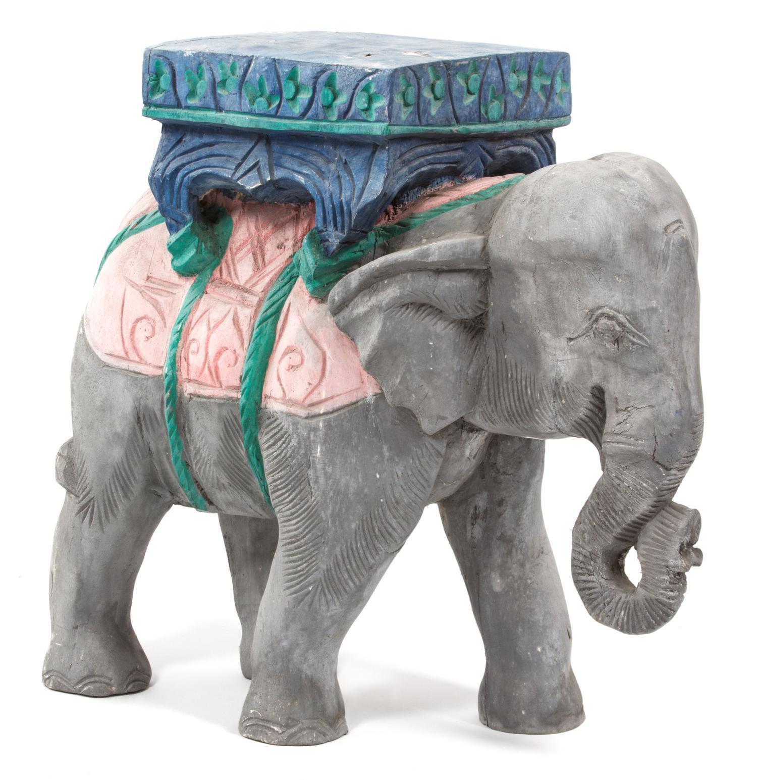 A Carved and Painted Wood Elephant-Form Table Height 19 inches. — 20TH CENTURY