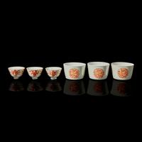 Six Chinese Iron Red Decorated Porcelain Cups, Late 19th-Early 20th Century 晚清-民國 礬紅動物紋杯兩組