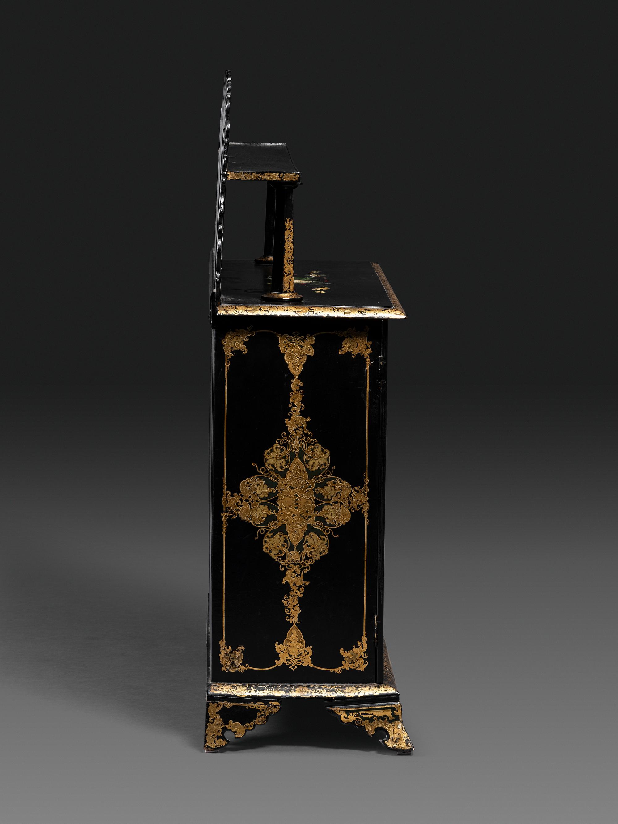 A Victorian Black Lacquered, Parcel Gilt and Mother-of-Pearl Inlaid Sideboard