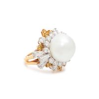 OSCAR HEYMAN & BROTHERS, SOUTH SEA CULTURED PEARL, DIAMOND AND COLORED DIAMOND RING