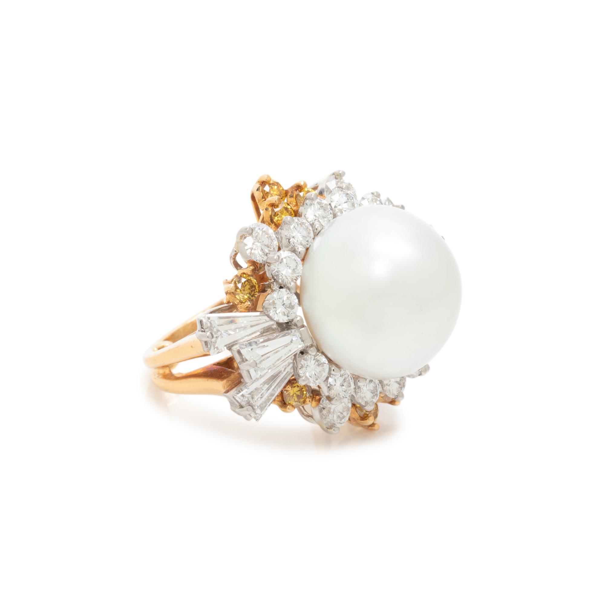 OSCAR HEYMAN & BROTHERS, SOUTH SEA CULTURED PEARL, DIAMOND AND COLORED DIAMOND RING