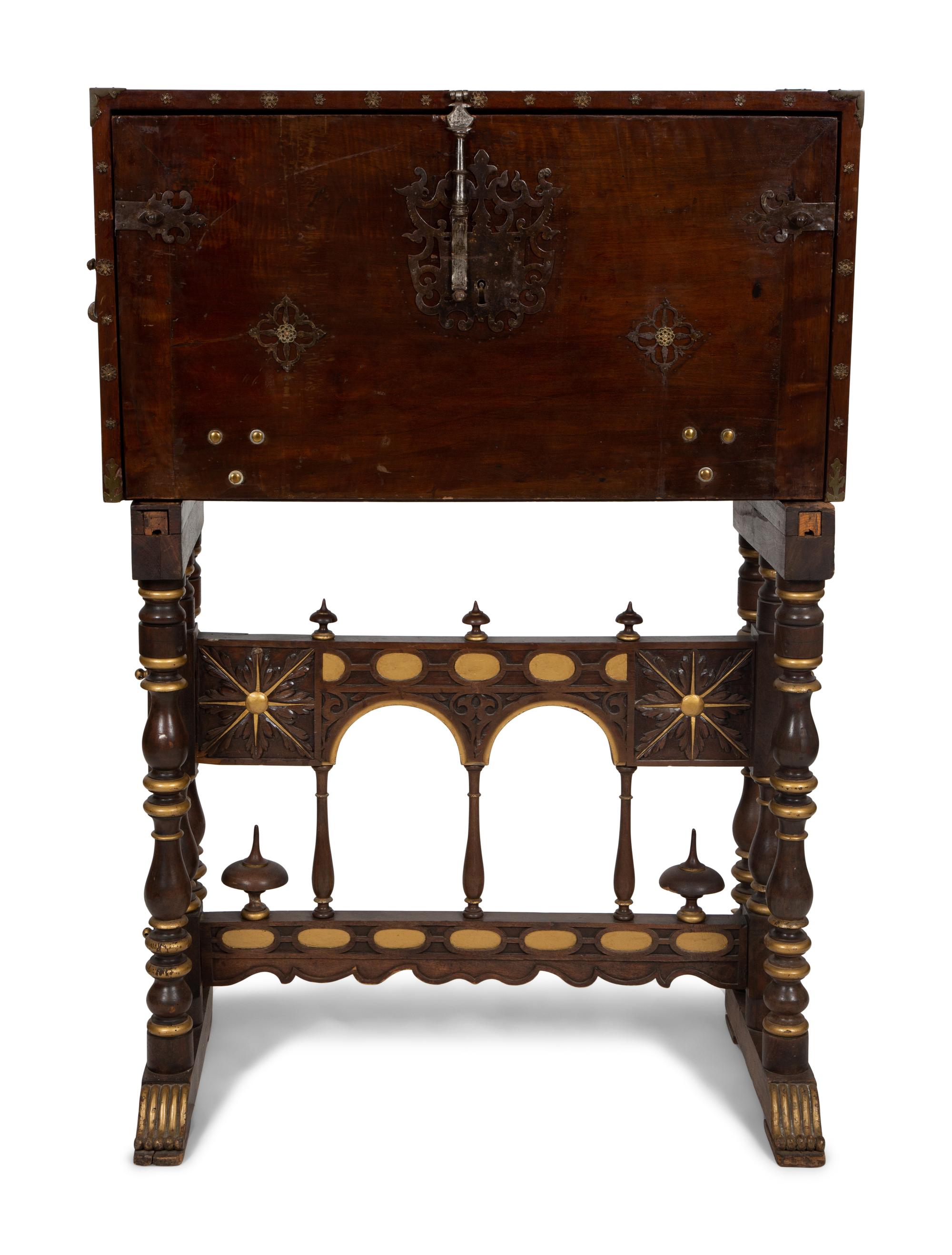 A Spanish Renaissance Style Walnut Vargueno on Later Stand