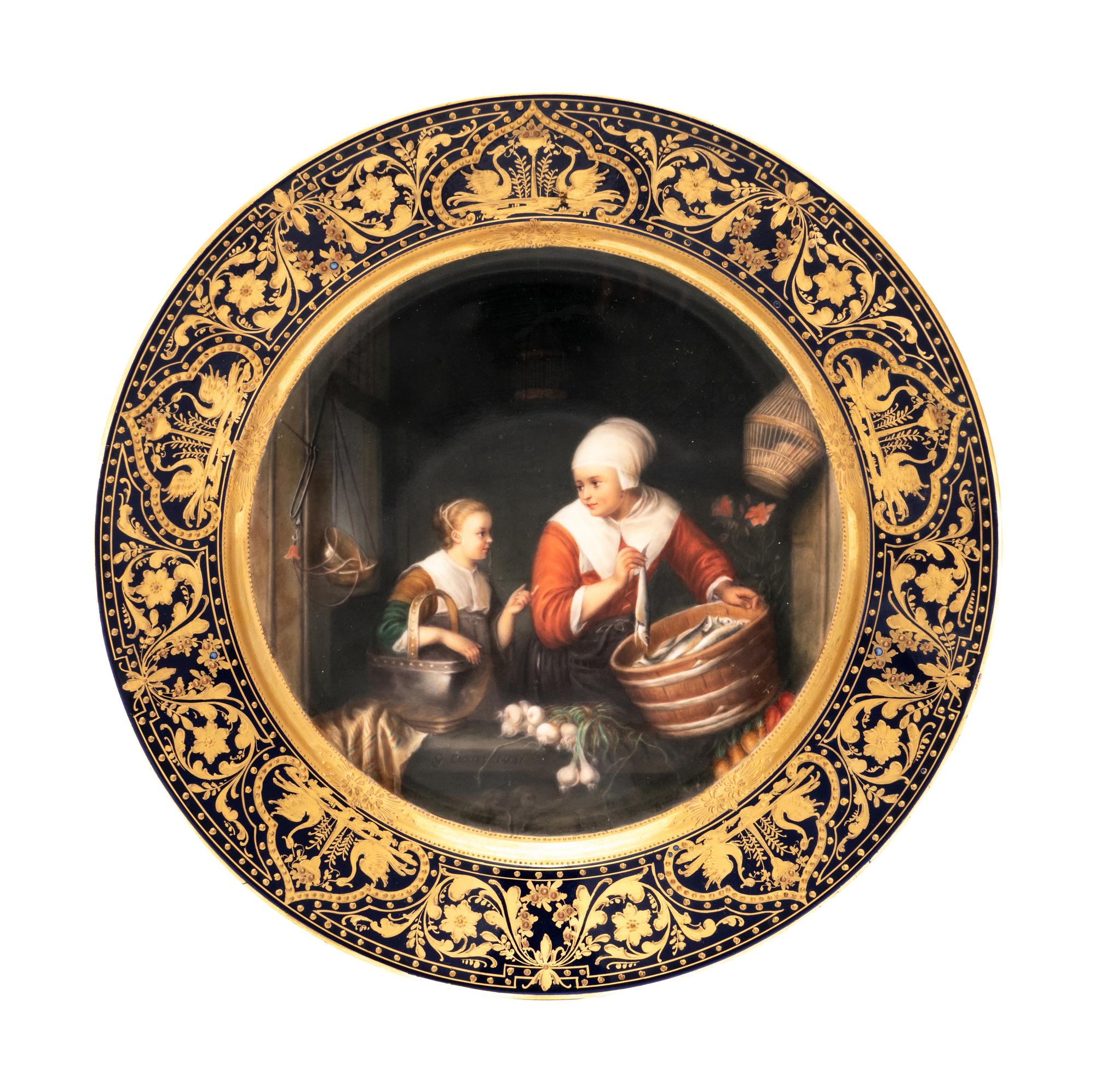 A Berlin (K.P.M.) Porcelain Cabinet Plate Depicting "Herring Seller and Boy" After Gerrit Dou