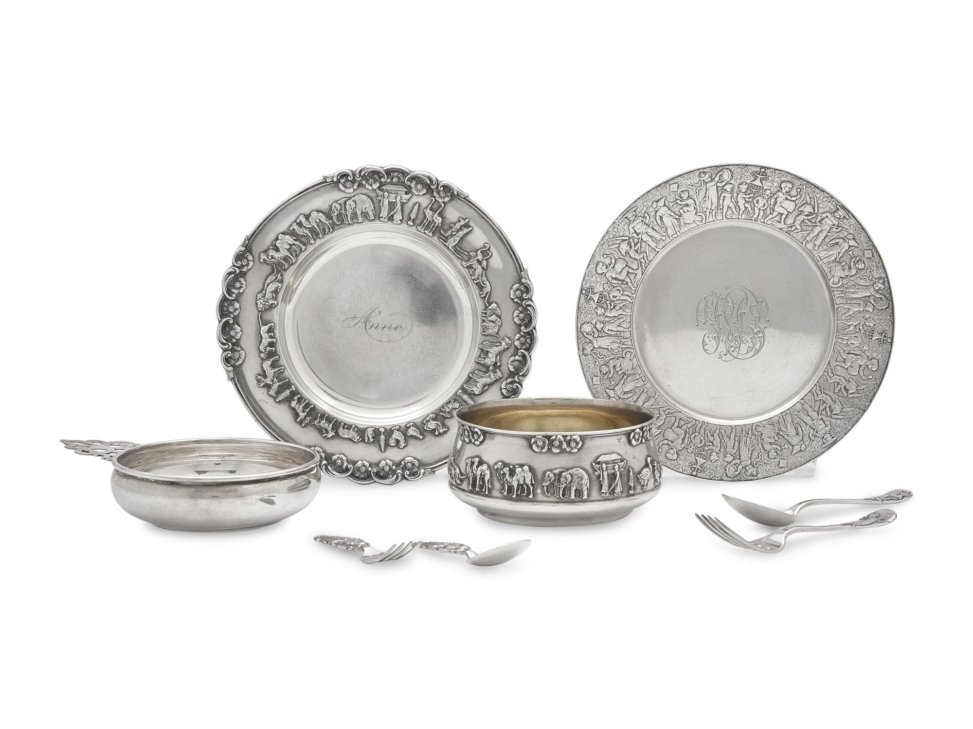 An Assembled Group of Eight Children's Sterling Silver Wares, Gorham Mfg. Co., Providence, RI, and Tiffany & Co., New York, NY, Late 19th / Early 20th Century