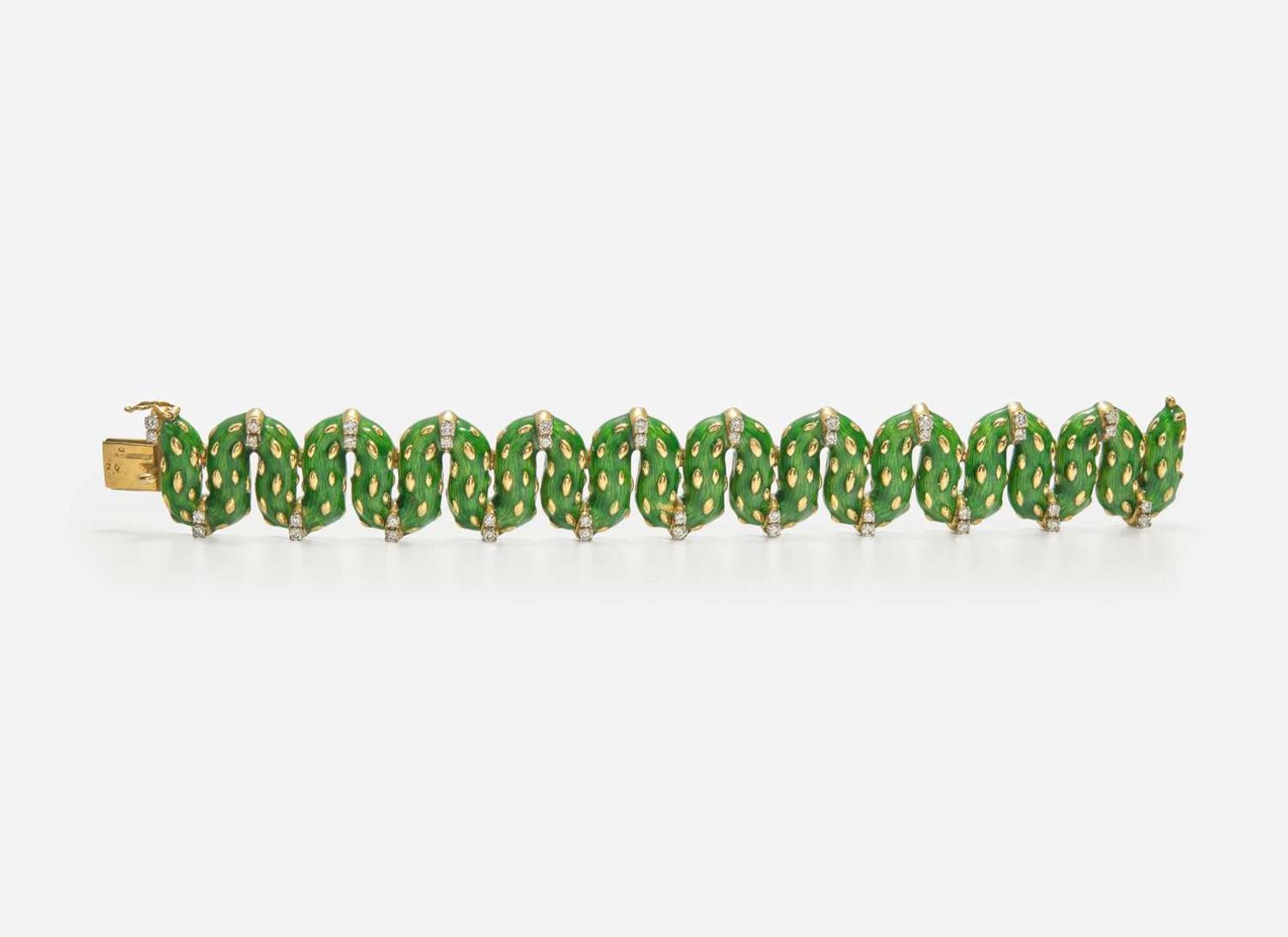 An 18K Yellow Gold, Enamel, and Diamond Bracelet
