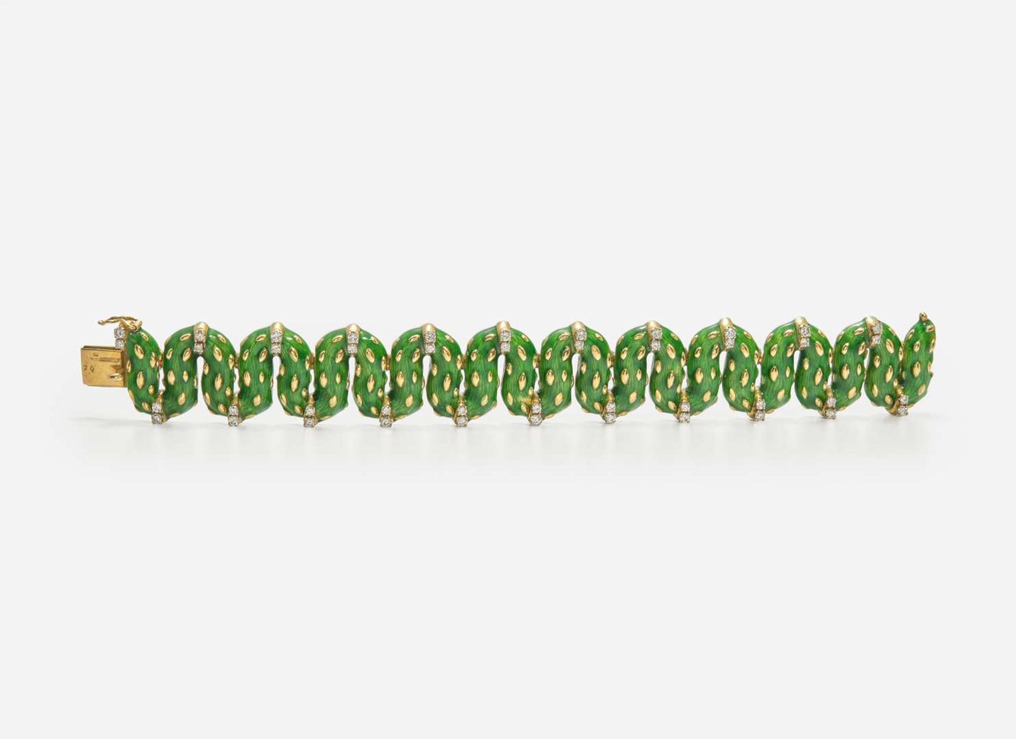 An 18K Yellow Gold, Enamel, and Diamond Bracelet