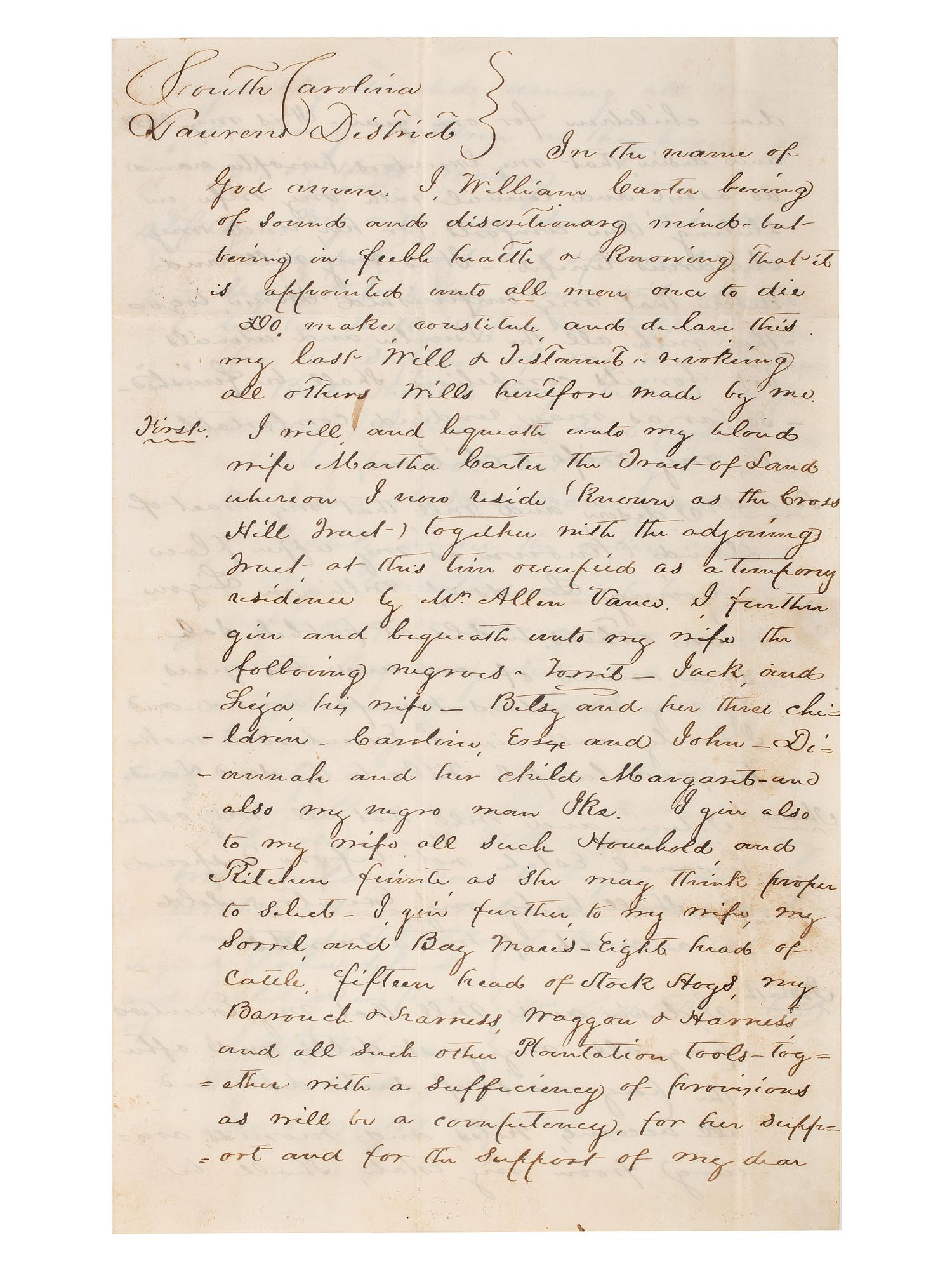 [SLAVERY & ABOLITION]. A group of 2 documents related to the enslavement of individuals in the Carolinas, including a rare North-Carolina Mutual Life Insurance Company form used to insure the life of an enslaved person.
