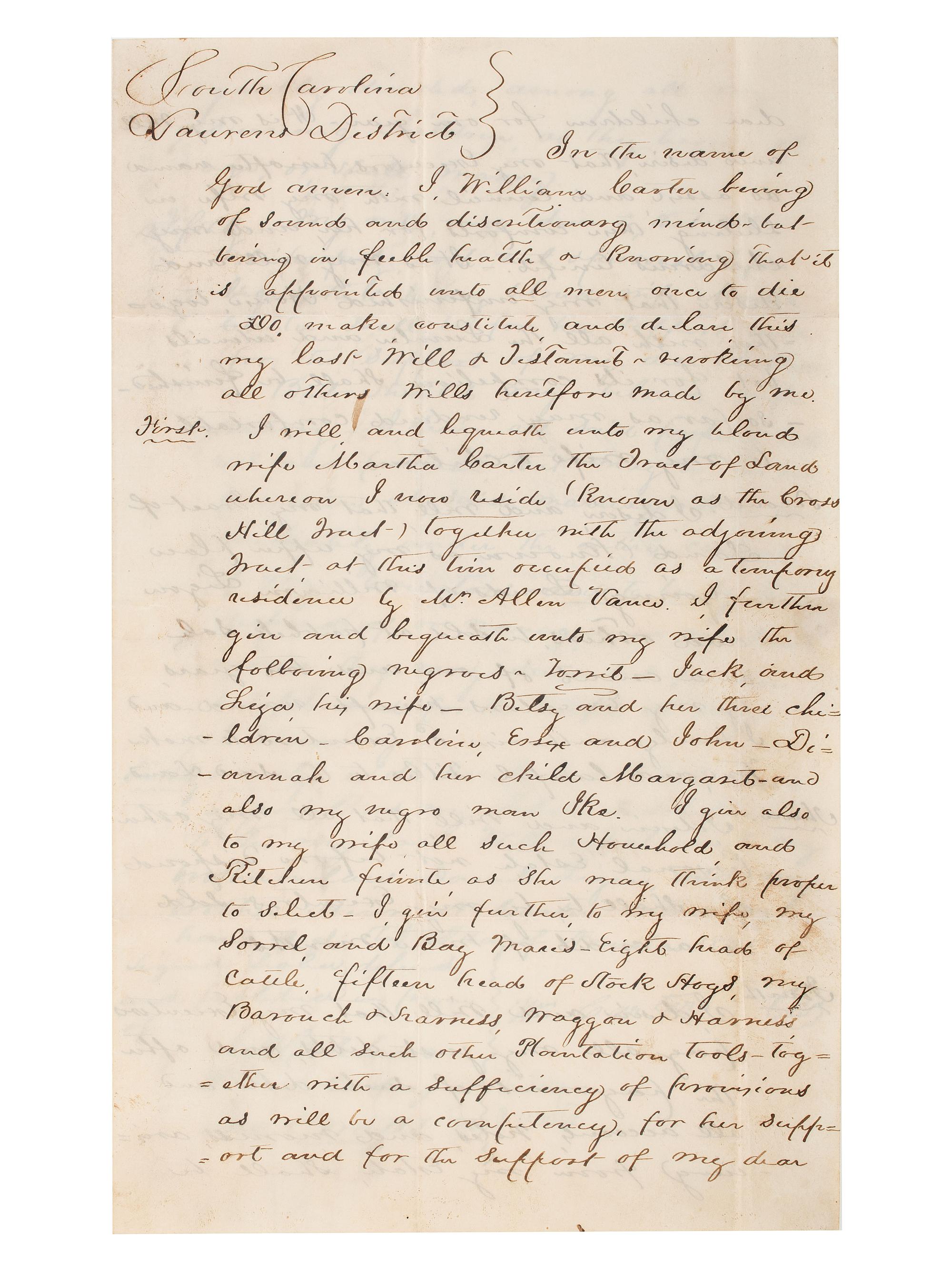 [SLAVERY & ABOLITION]. A group of 2 documents related to the enslavement of individuals in the Carolinas, including a rare North-Carolina Mutual Life Insurance Company form used to insure the life of an enslaved person.