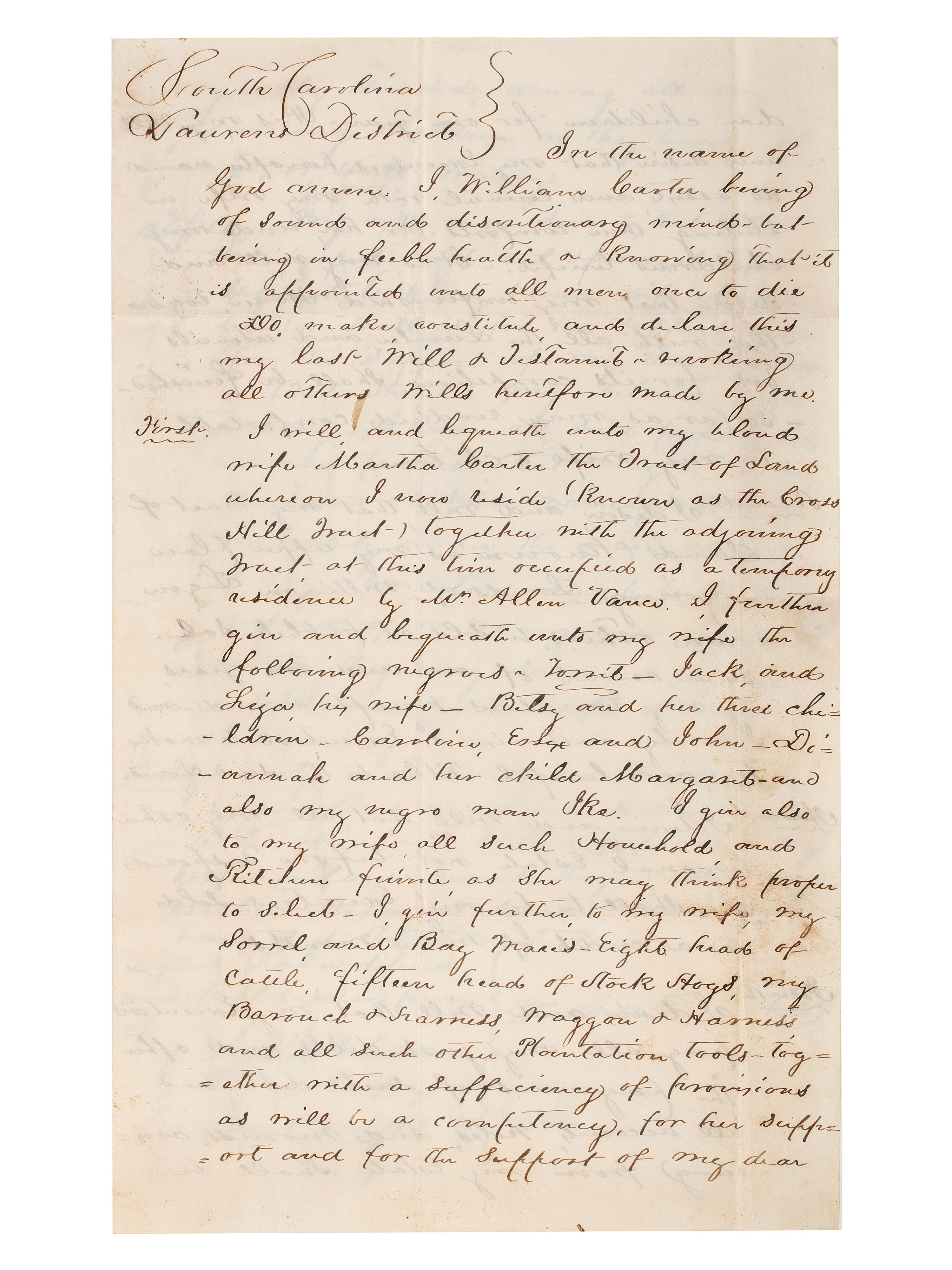 [SLAVERY & ABOLITION]. A group of 2 documents related to the enslavement of individuals in the Carolinas, including a rare North-Carolina Mutual Life Insurance Company form used to insure the life of an enslaved person.