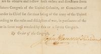 HANCOCK, John (1737-1793). Partly printed document signed ("John Hancock"), as President of the Continental Congress. July 5th? 1775. Counter-signed by Charles Thomson as Secretary of the Continental Congress.