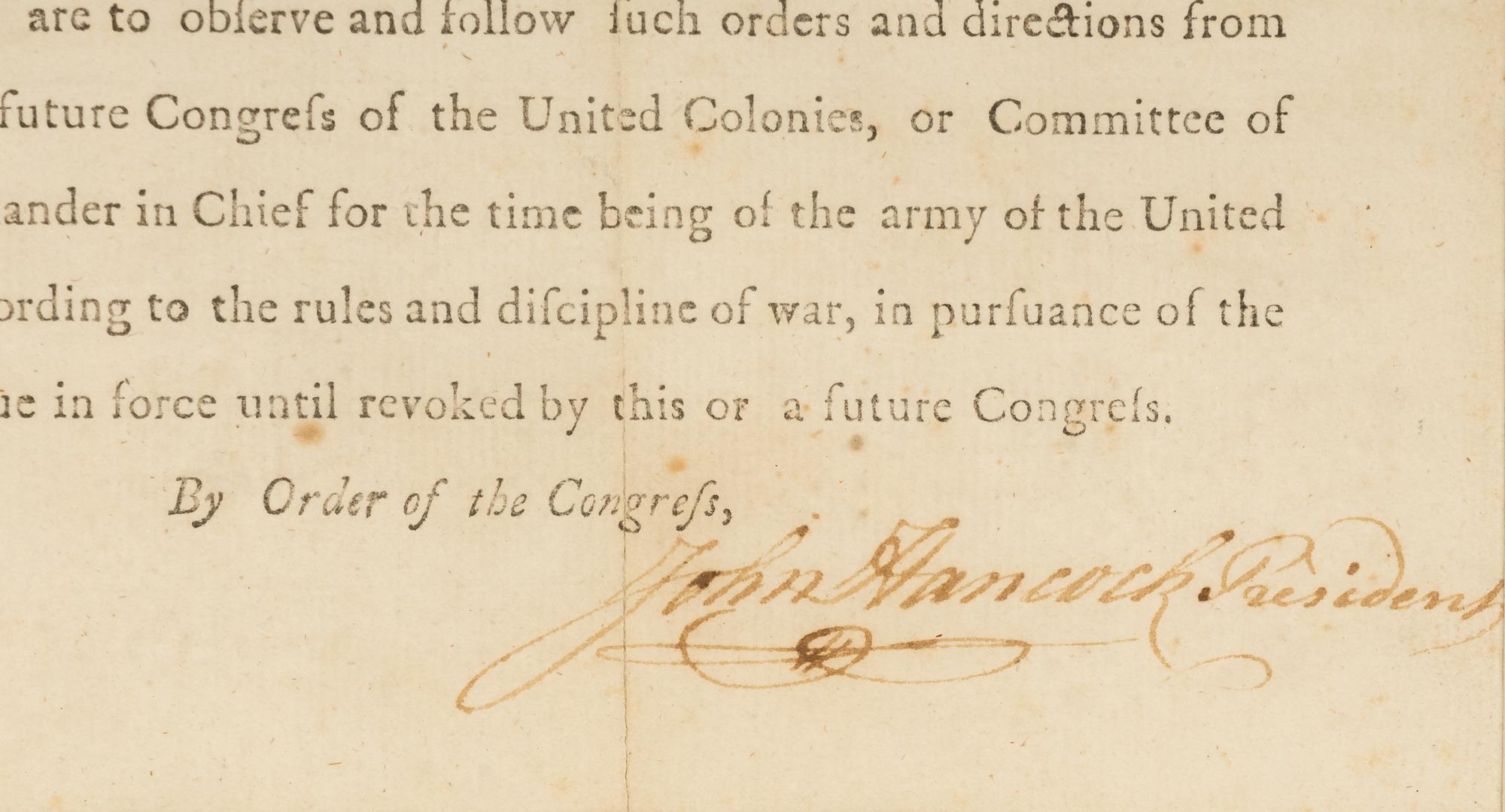 HANCOCK, John (1737-1793). Partly printed document signed ("John Hancock"), as President of the Continental Congress. July 5th? 1775. Counter-signed by Charles Thomson as Secretary of the Continental Congress.