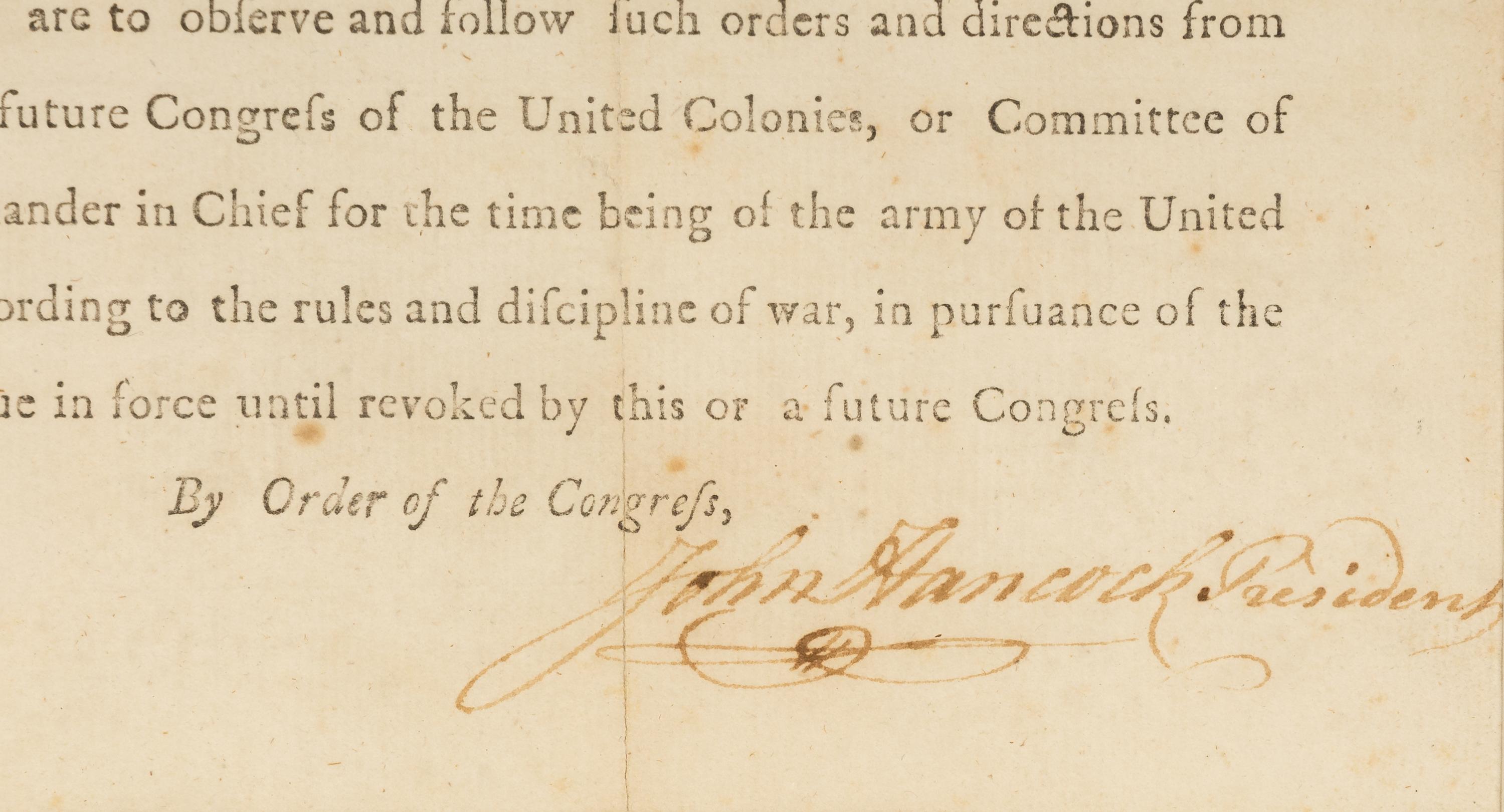 HANCOCK, John (1737-1793). Partly printed document signed ("John Hancock"), as President of the Continental Congress. July 5th? 1775. Counter-signed by Charles Thomson as Secretary of the Continental Congress.