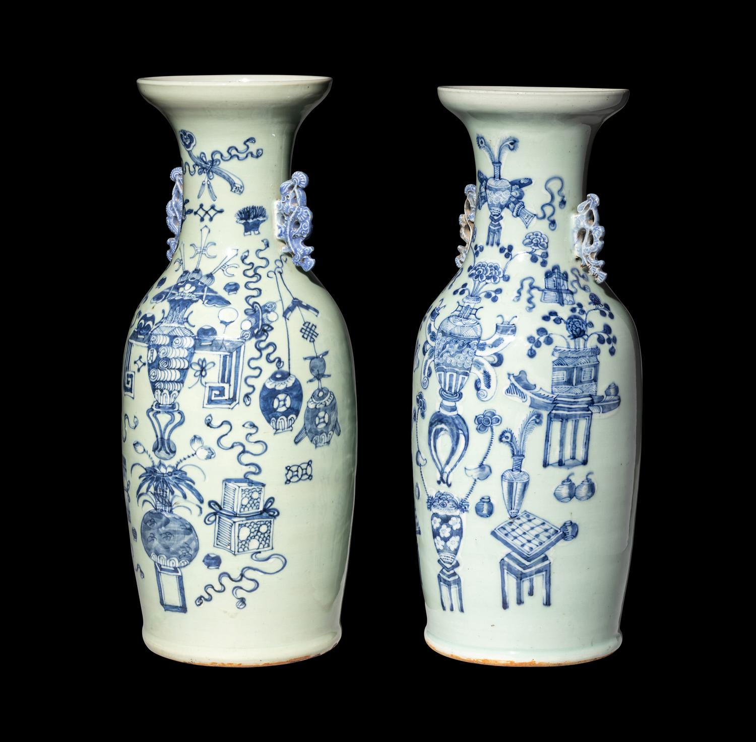 A Pair of Chinese Celadon Ground Blue and White Porcelain Vases